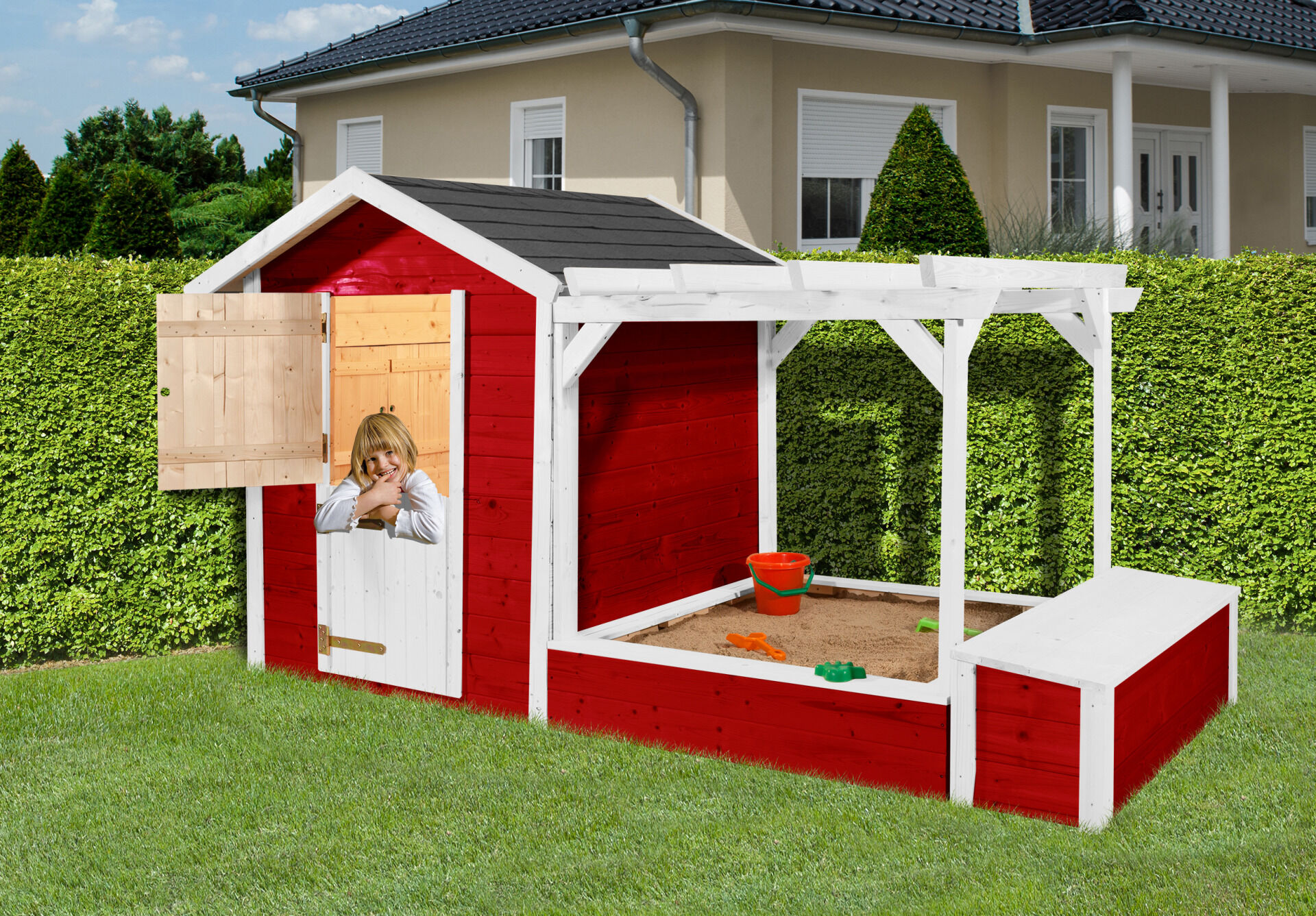 Tabaluga Spielplatz, rot/weiss, 21 mm, bestehend aus Drachenhöhle, Sandkasten, Pergola und Schatztruhe mit Deckel
