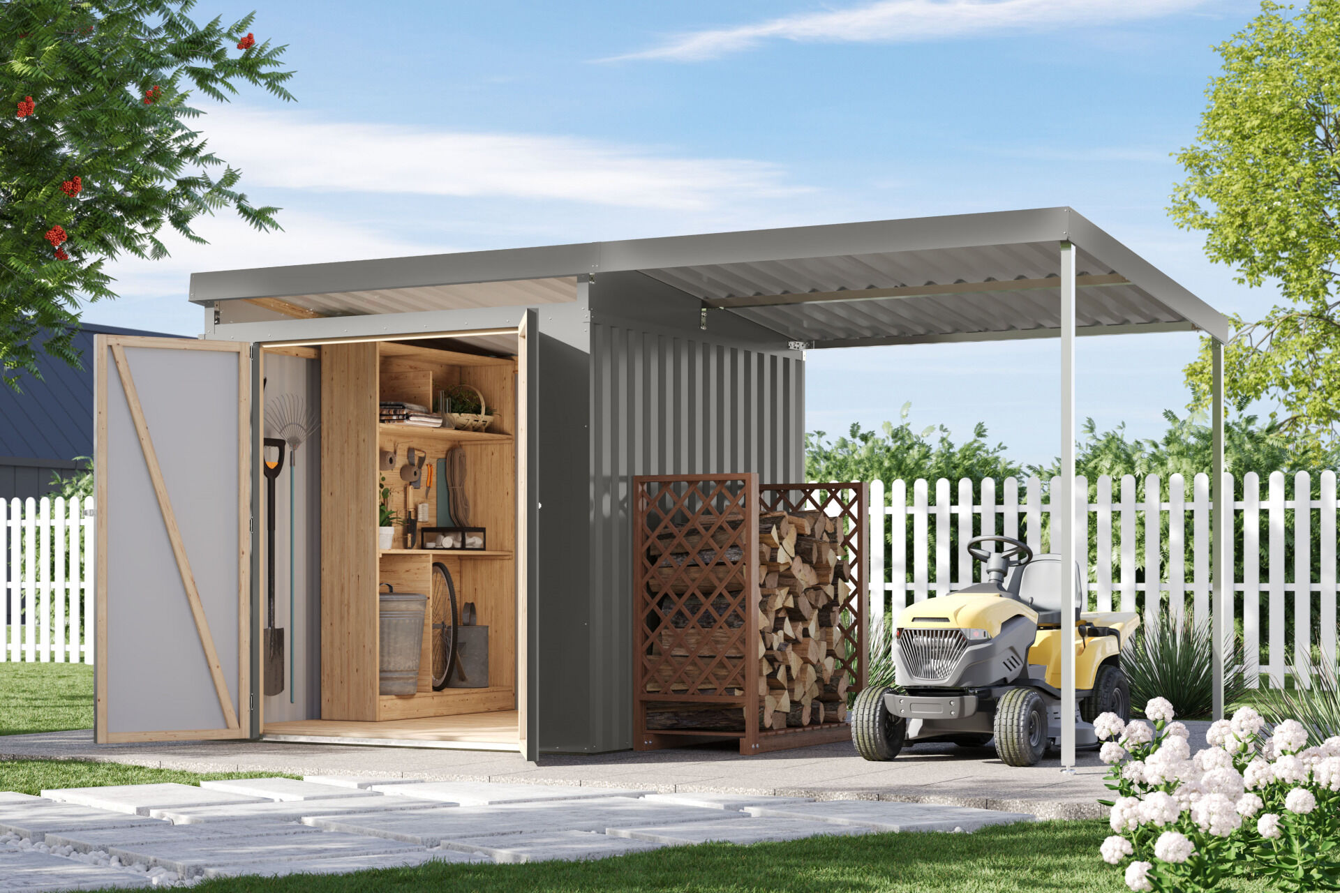 Karibu Pultdach Metall Gartenhaus Iridium 2 Set mit Anbaudach 2m