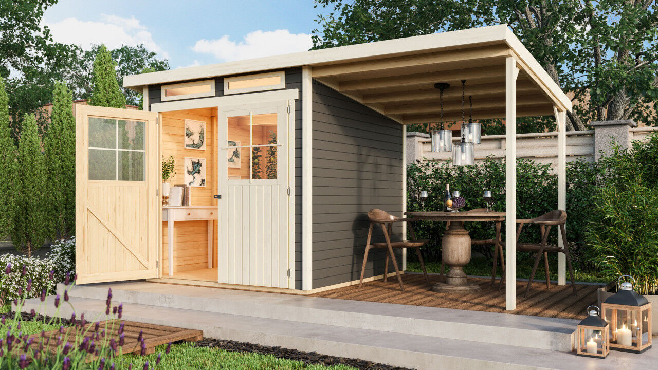 Karibu Pultdach Gartenhaus Glücksburg 3 im Set mit Anbaudach terragrau