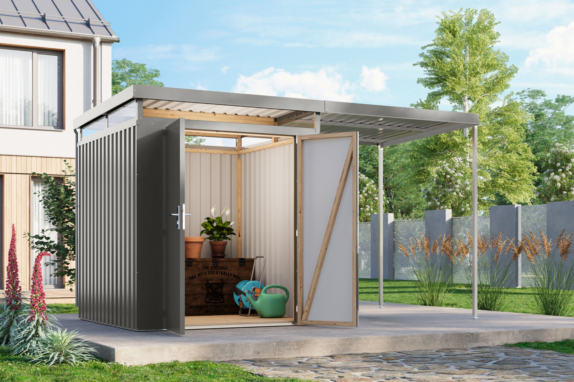 Karibu Flachdach Metall Gartenhaus Aurum 2 Set mit Anbaudach 2m