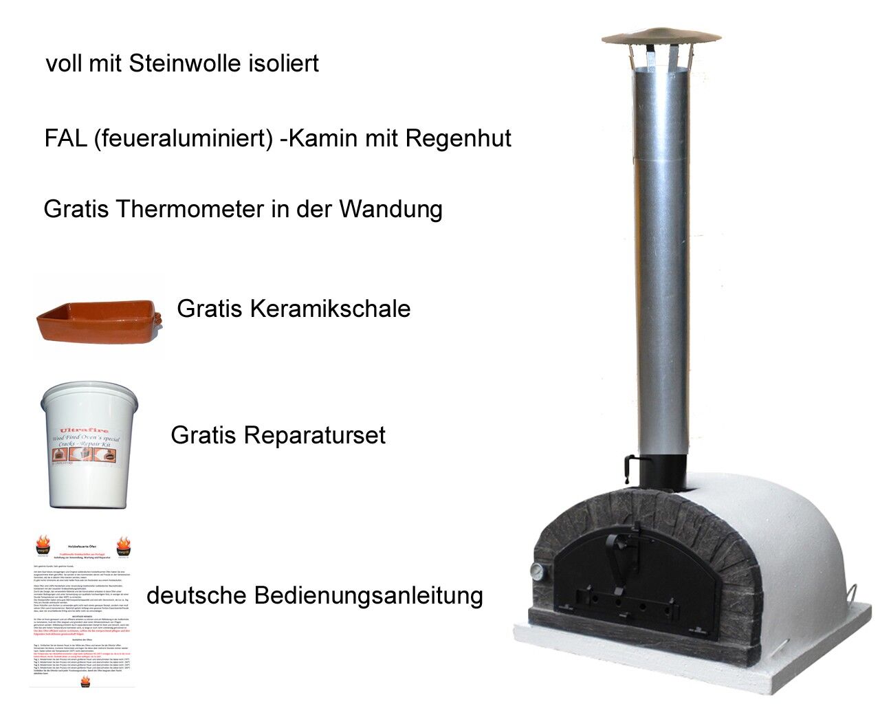 Traditioneller Backofen Brazza 120 inkl. Kaminrohr und Regenhut aus Feueraluminum, weiß, ohne Abdeckhaube, ohne Ofenzubehör, ohne Zubehörset, ohne Grillzubehör, ohne fahrbares Gestell