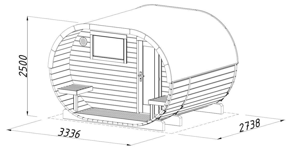 Zeichnung Palmako Fasssauna Anette 3,0+1,5 m²