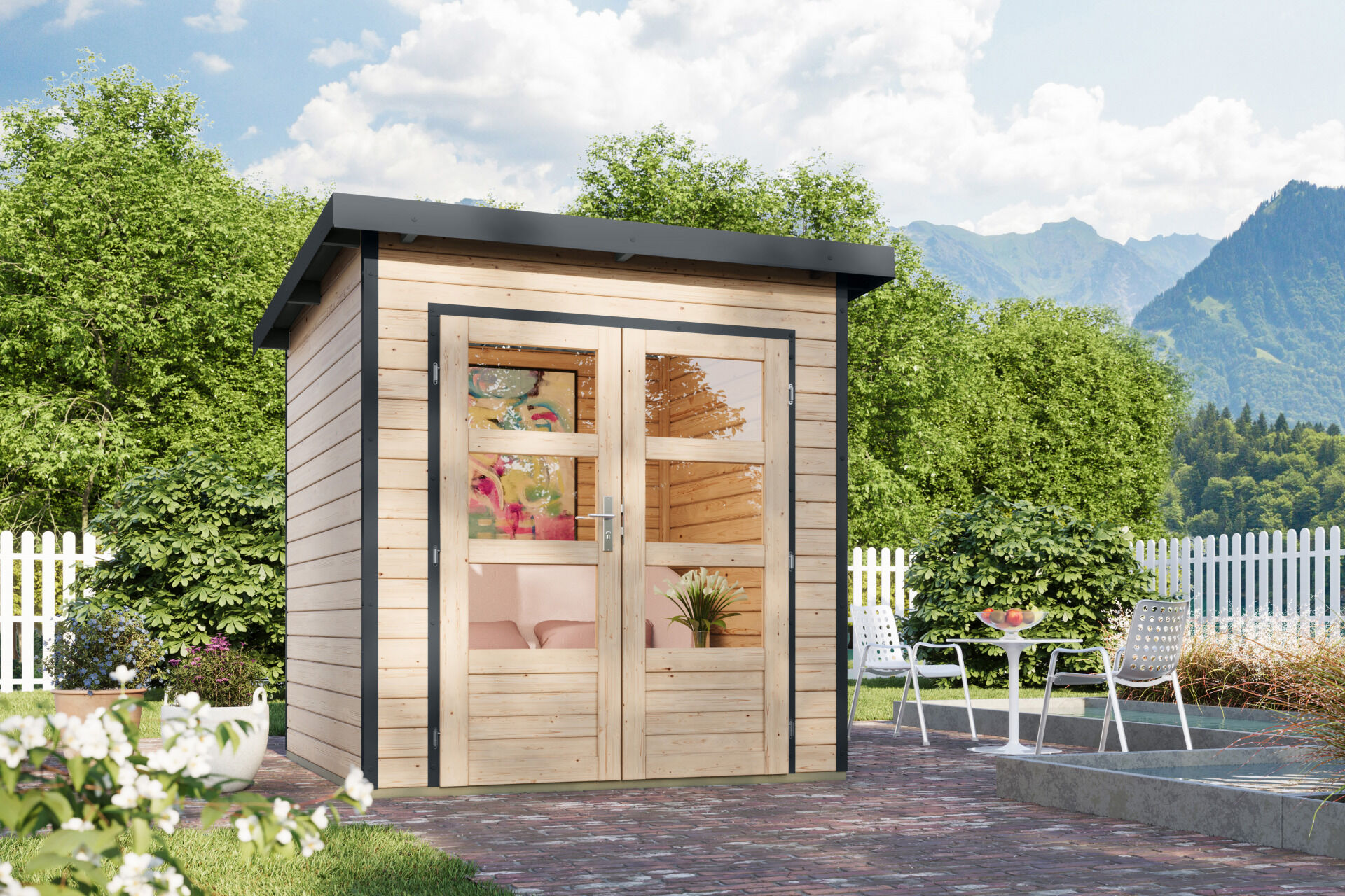 Karibu Pultdach Holz & Metall Gartenhaus Pluto 1, naturbelassen / graualuminium