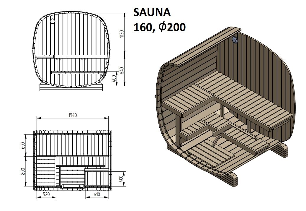 Zeichnung Finn Art Fasssauna Quadro 160 Standard