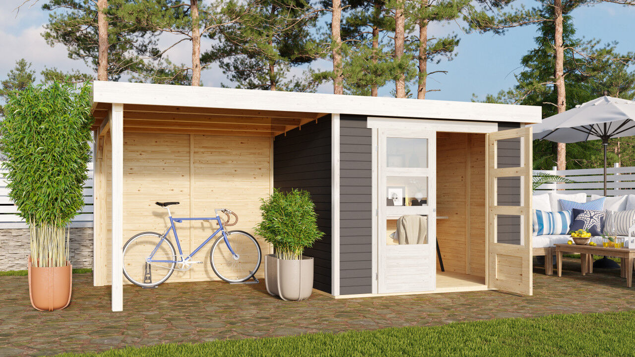 Flachdach Gartenhaus Askola 3 im Set mit Anbaudach 2,40 m und 19 mm Rückwand terragrau