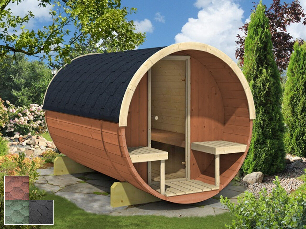 Finn Art Fass-Sauna Lasse aus Thermoholz mit Glastür und Außenbänken im Garten