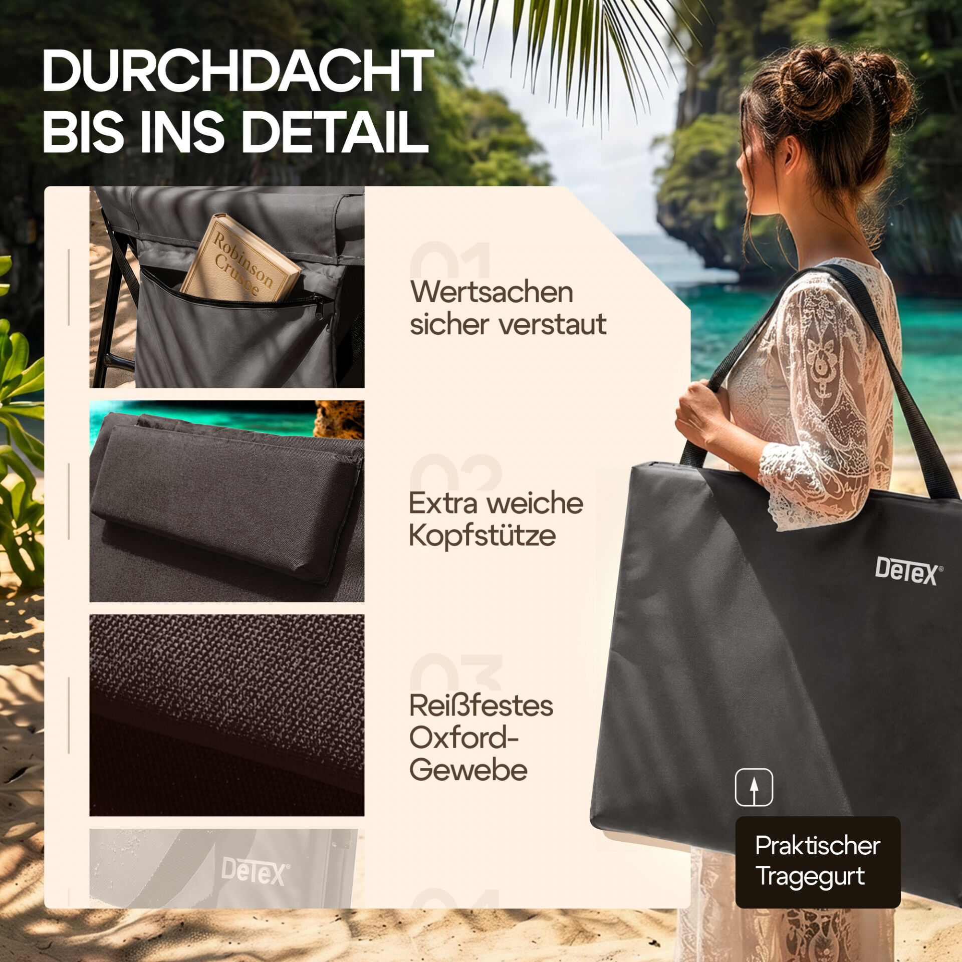 Strandmatte Anthrazit 158x56x46cm gepolstert