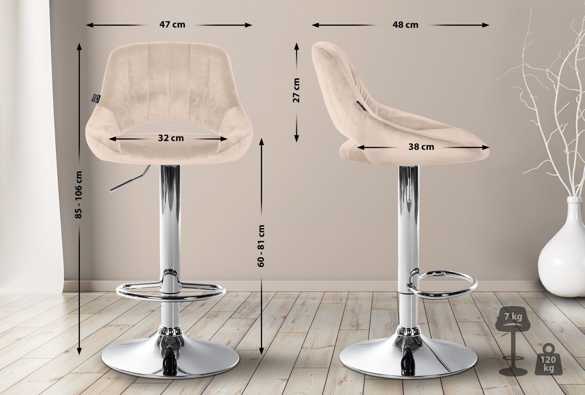 2er Set Barhocker Milet Samt C, creme