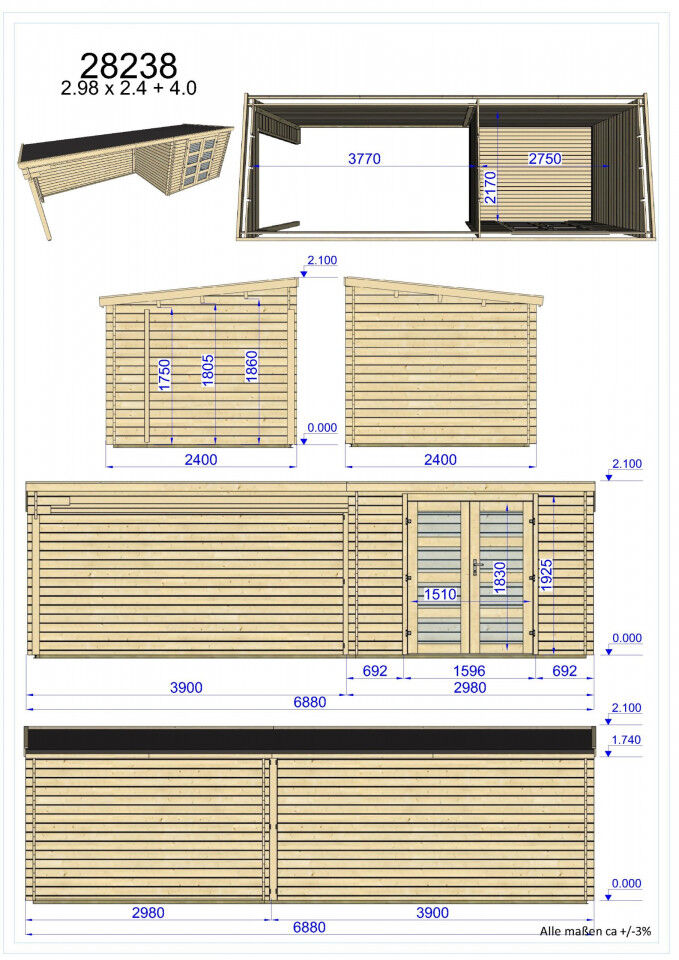 Gartenhaus Flachdach 7x2,4 Funny 5