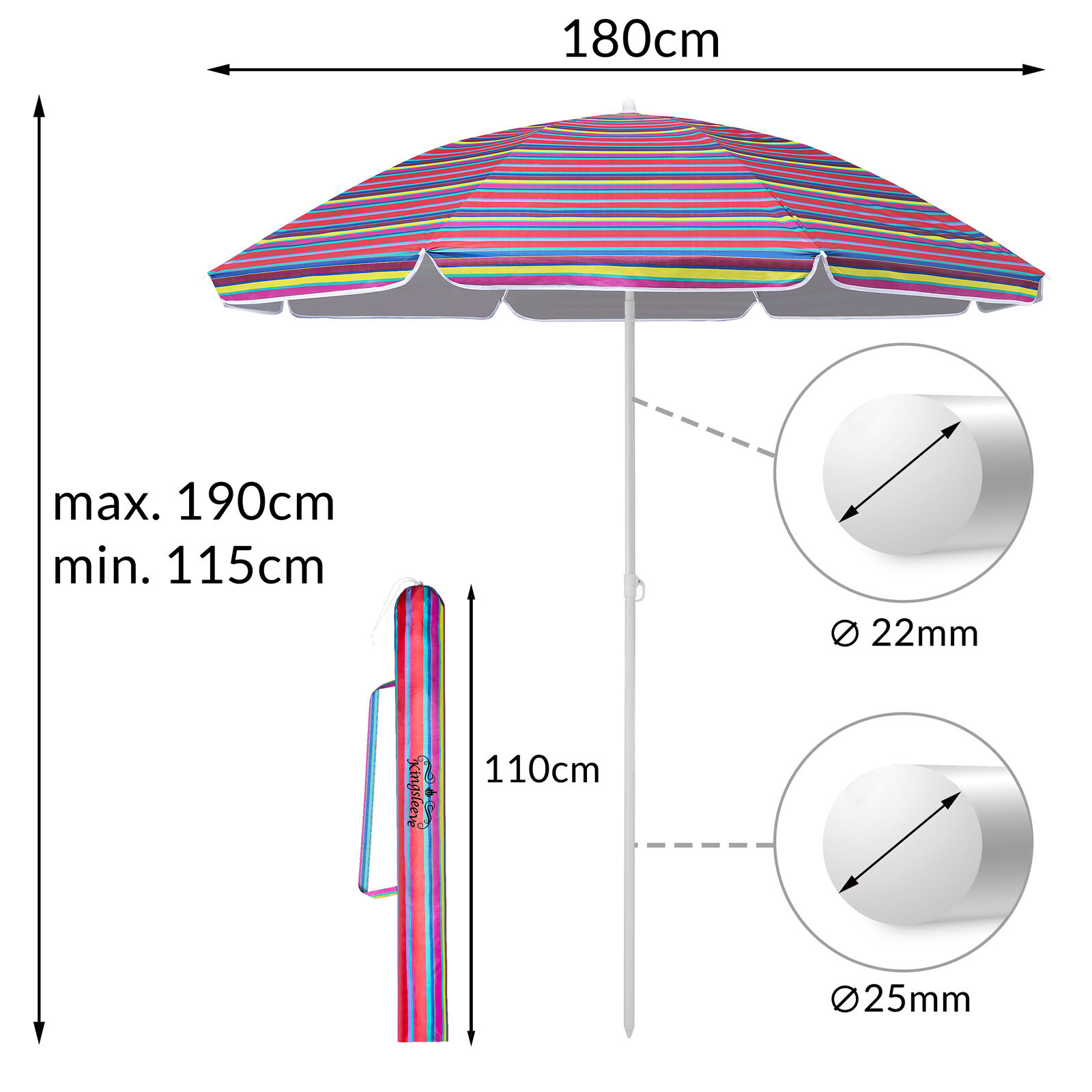 Sonnenschirm Cyprus Bunt 180cm UV-Schutz 50+ Neigefunktion