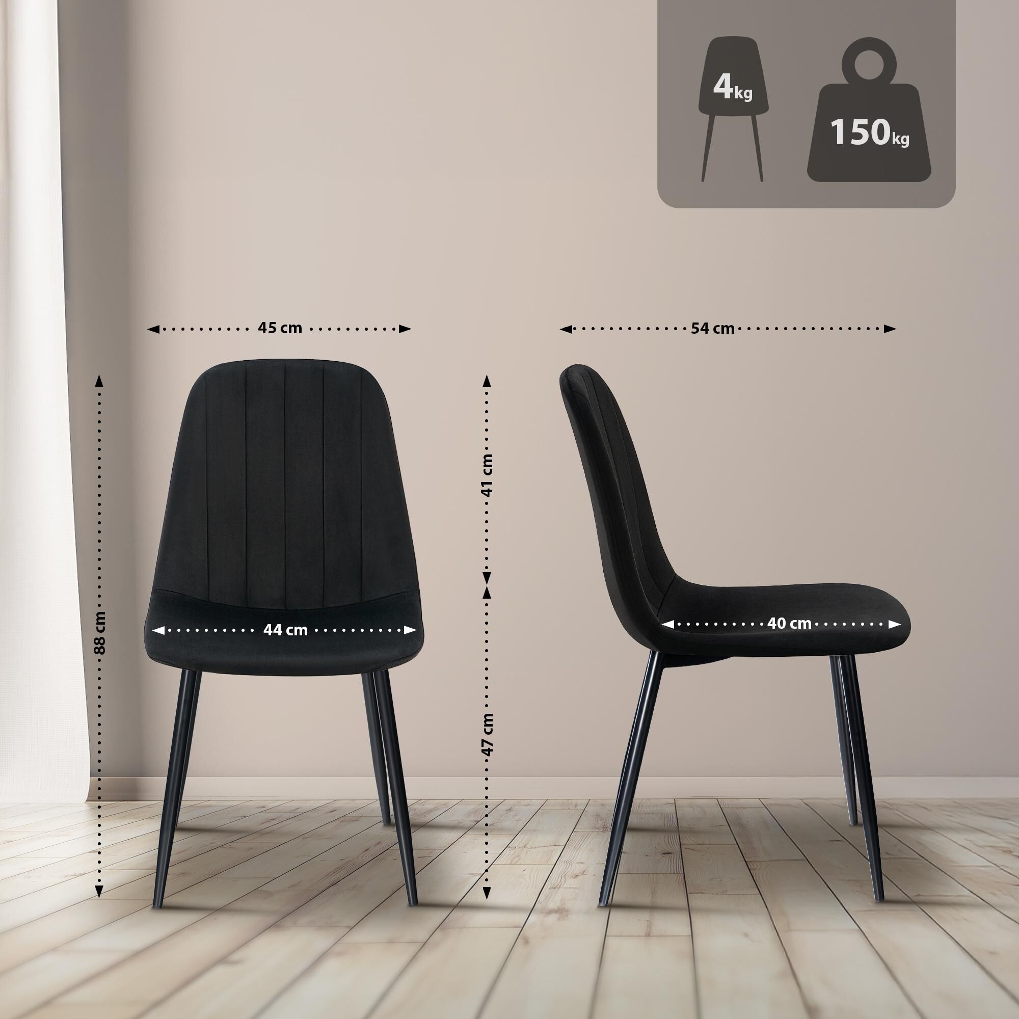 4er Set Esszimmerstuhl Baxter Samt, schwarz