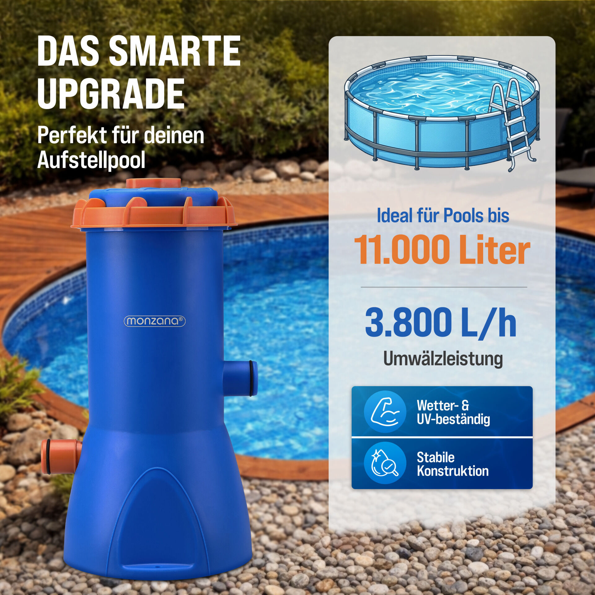 Pool Filterpumpe MZP90 Blau/Orange 3800 L/h