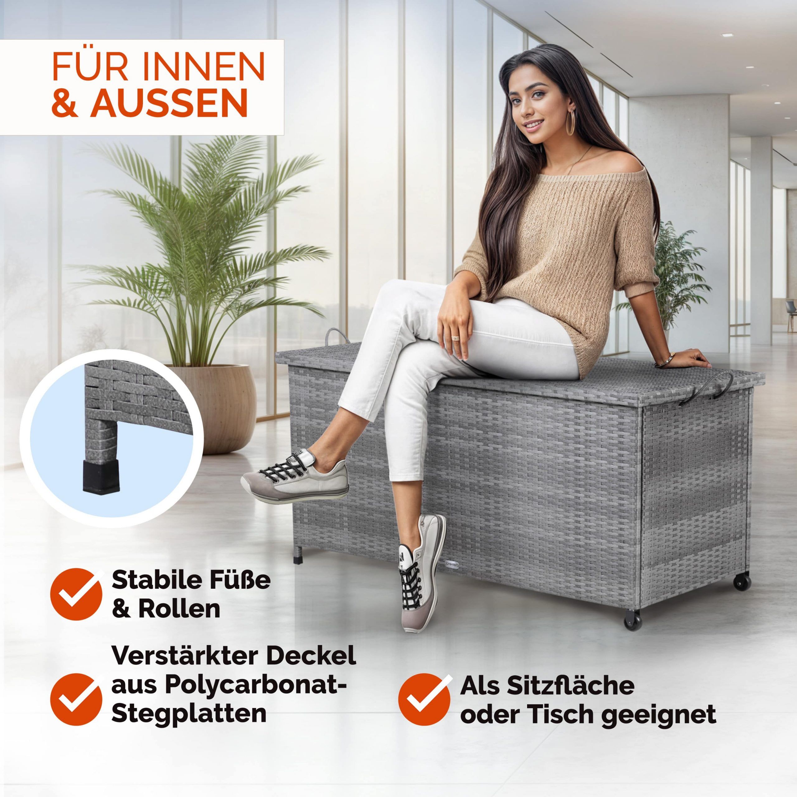 Gartenbox Polyrattan Grau 117x53x60cm mit Griffen + Rollen