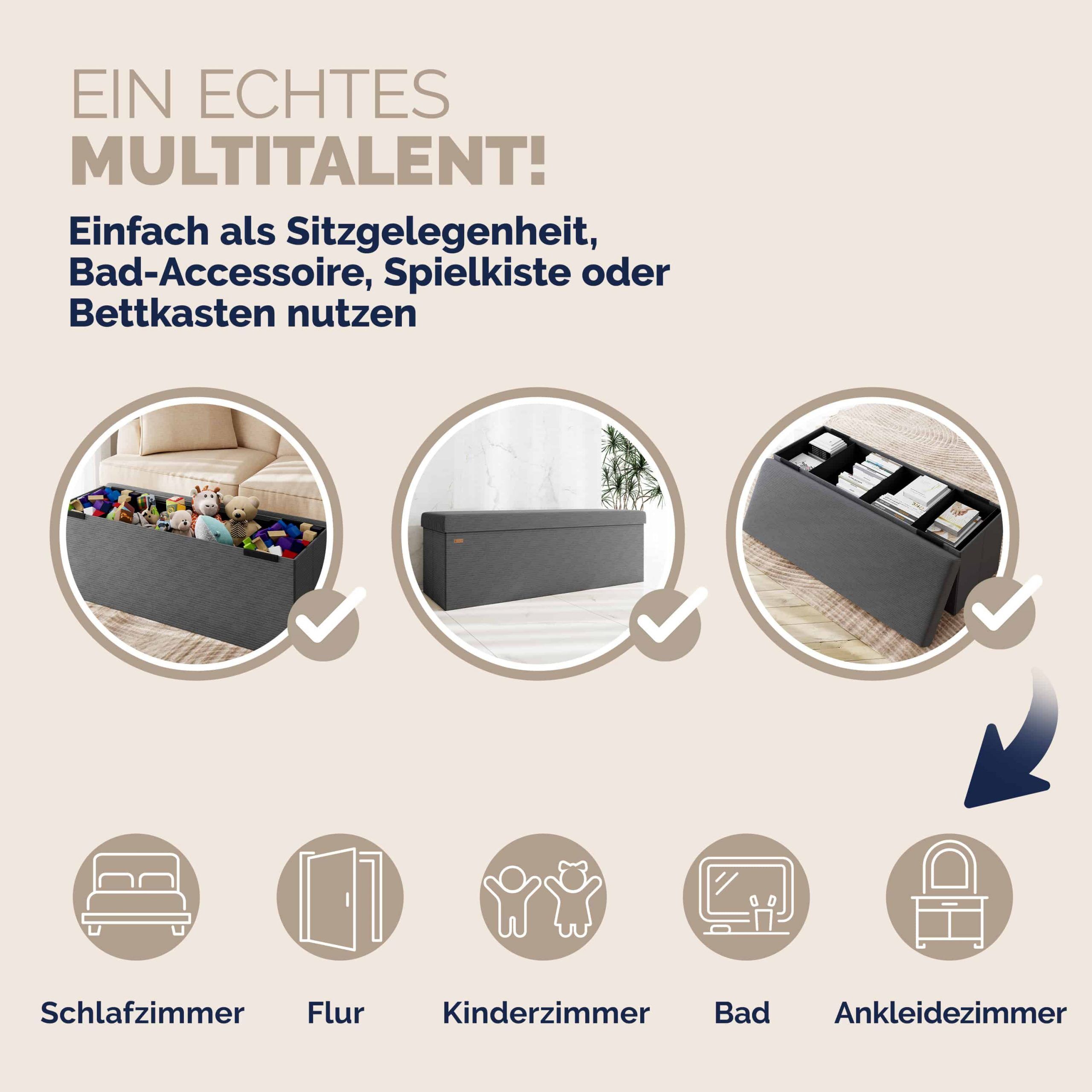 Sitzbank Anthrazit Cord 114x38x38cm MDF faltbar