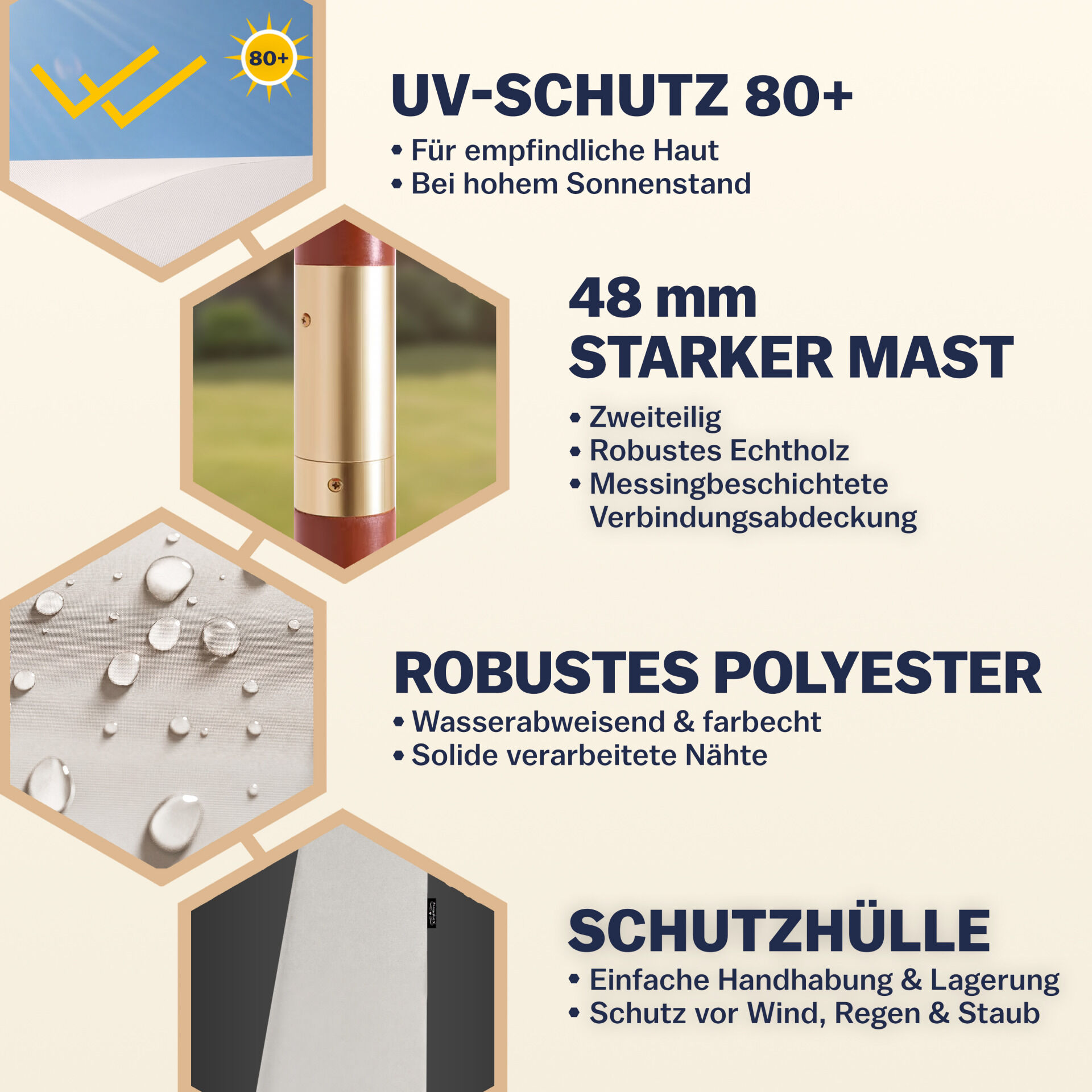 Sonnenschirm Holz Beige Ø330cm UV-Schutz 80+