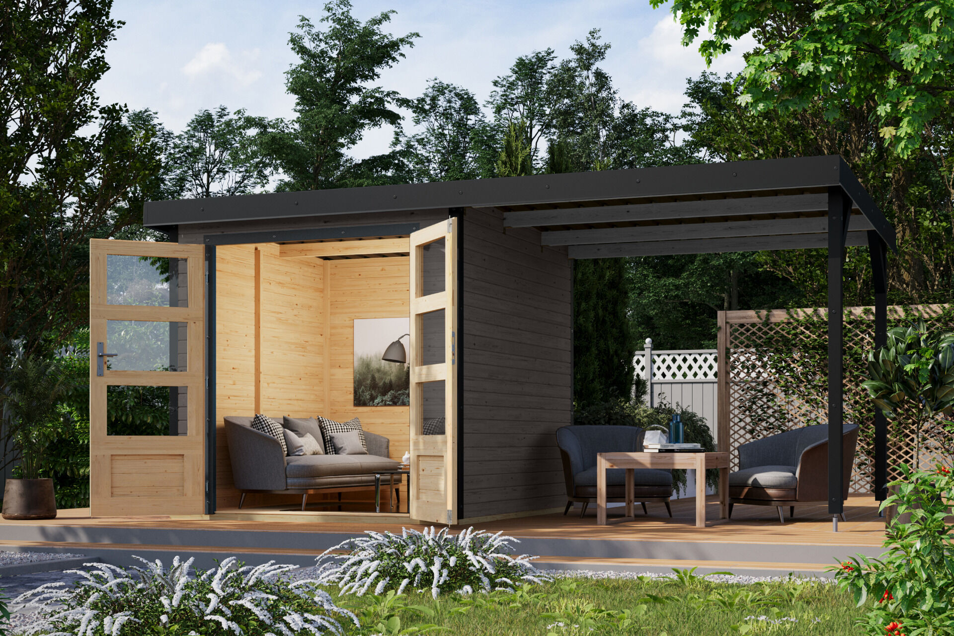 Karibu Pultdach Holz & Metall Gartenhaus Jupiter 2 Set mit Anbaudach 2,35 m, naturbelassen / graualuminium