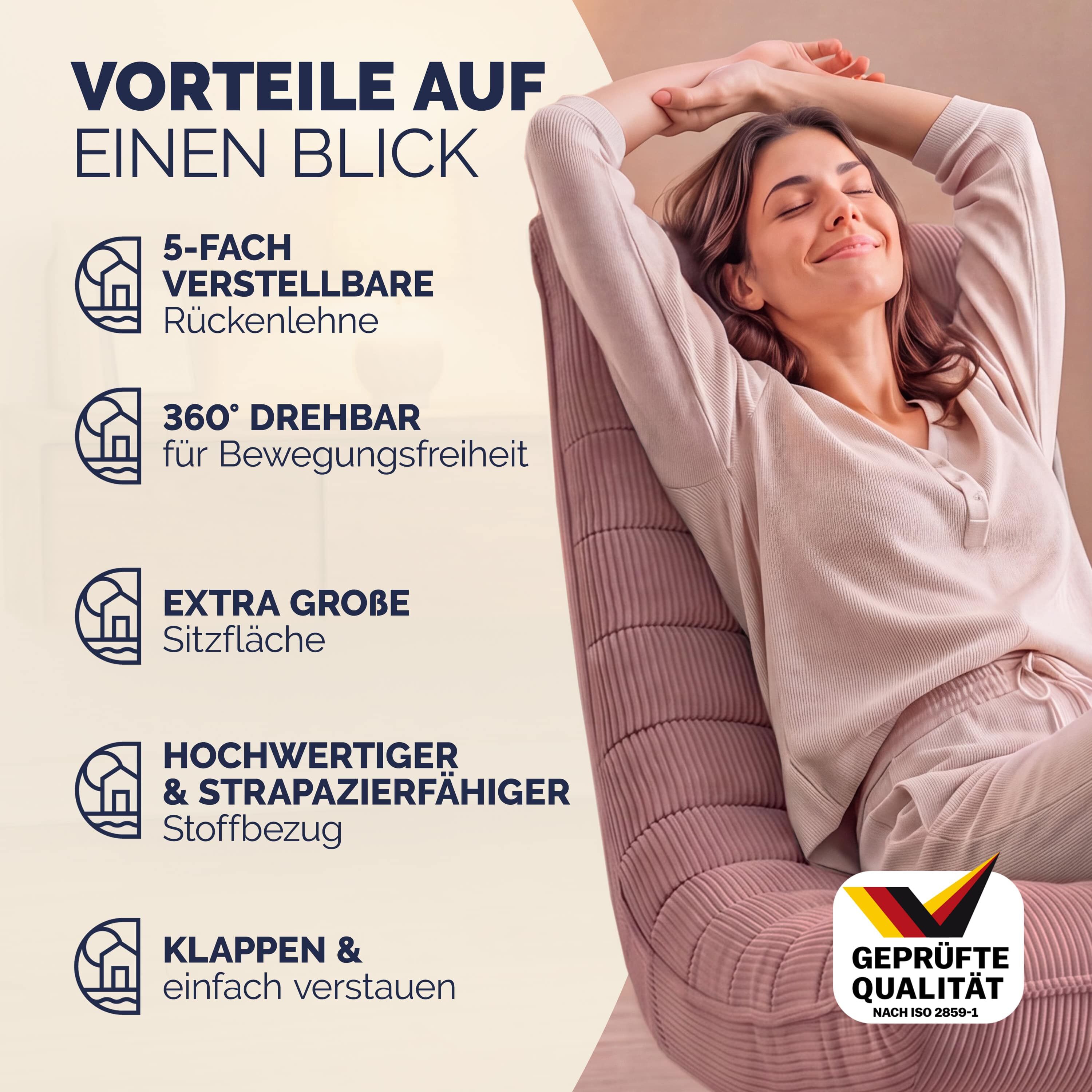 Sessel Aberdeen Dunkelpink Cord 5fach verstellbar 360 Grad drehbar klappbar