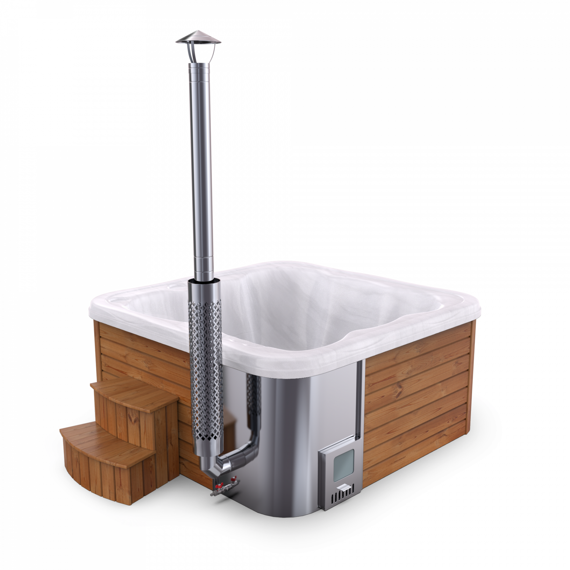 SPANOVA Hot Tub Premium 220 – Thermoholz Whirlpool mit integriertem Holzofen & Acrylwanne, Weiß marmoriert, Holzofen - 35kw V2A