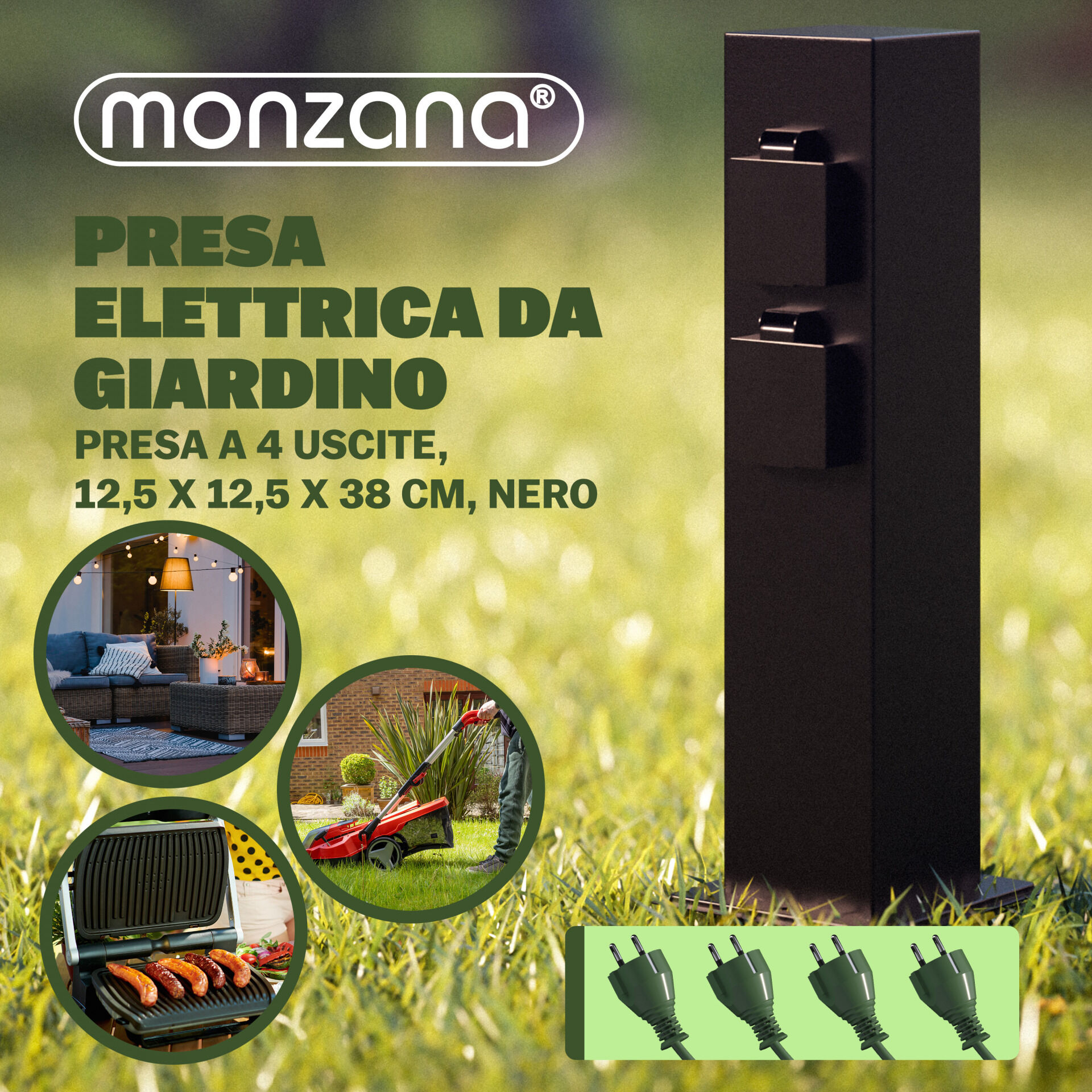 Gartensteckdose Schwarz 4er-Stecker 38x12,5x12,5cm