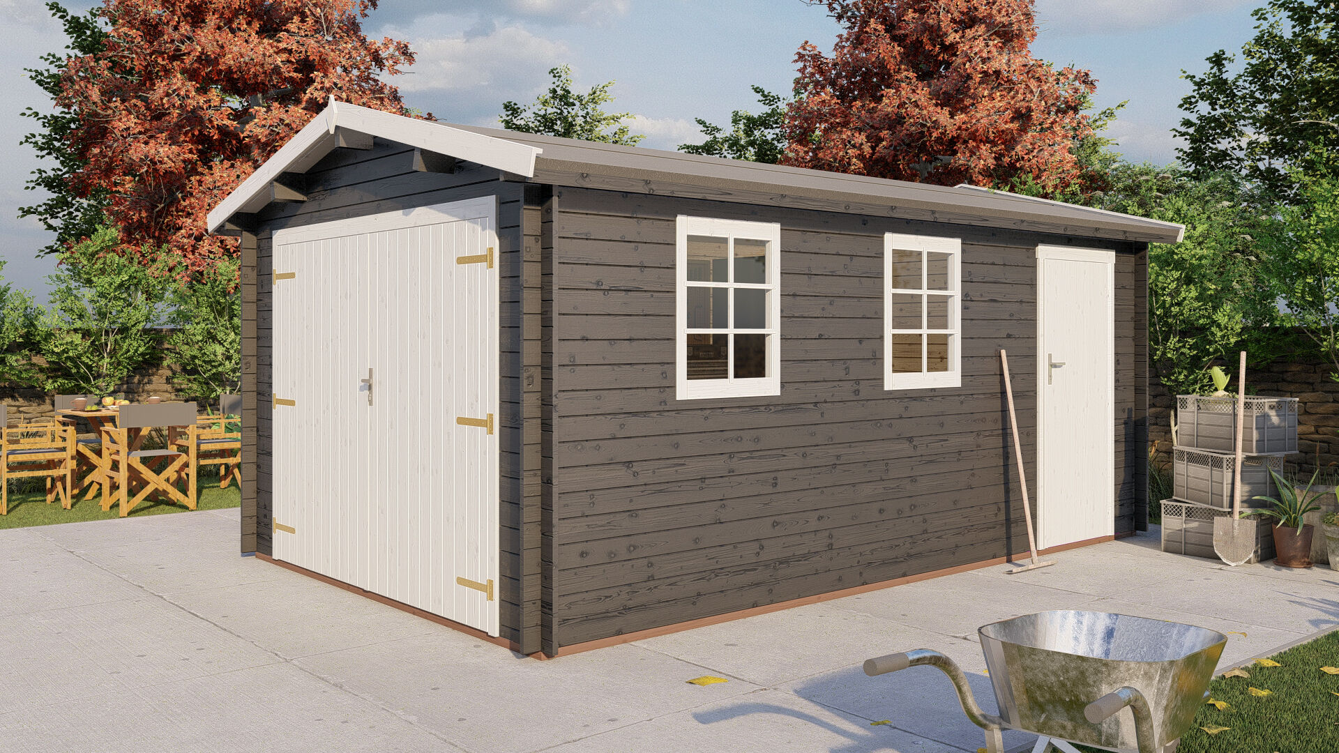 Holzgarage Schweden 41 – 28 mm Blockbohlen Einzelgarage mit Doppeltor