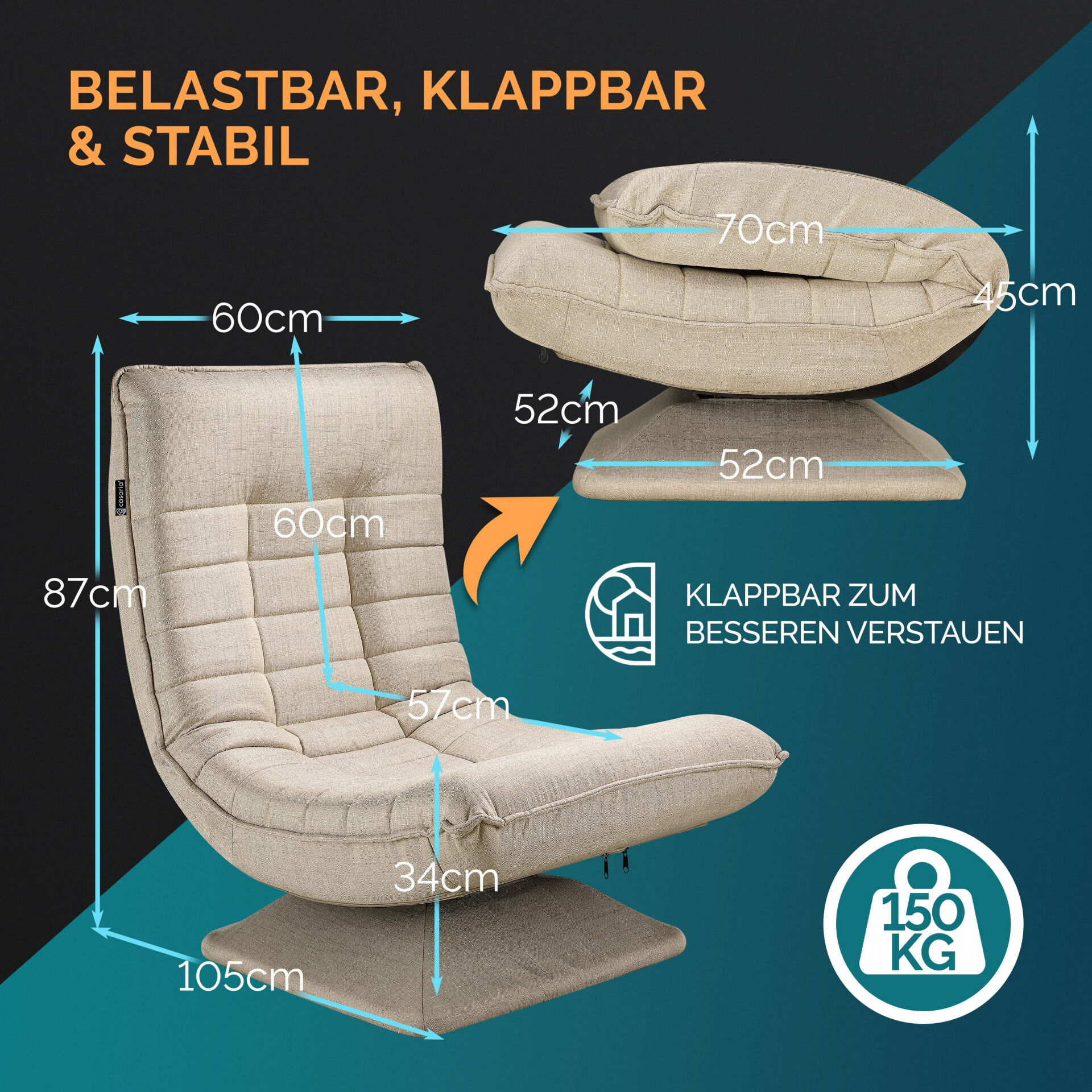 Sessel Aberdeen Creme Stoff 5fach verstellbar 360 Grad drehbar klappbar