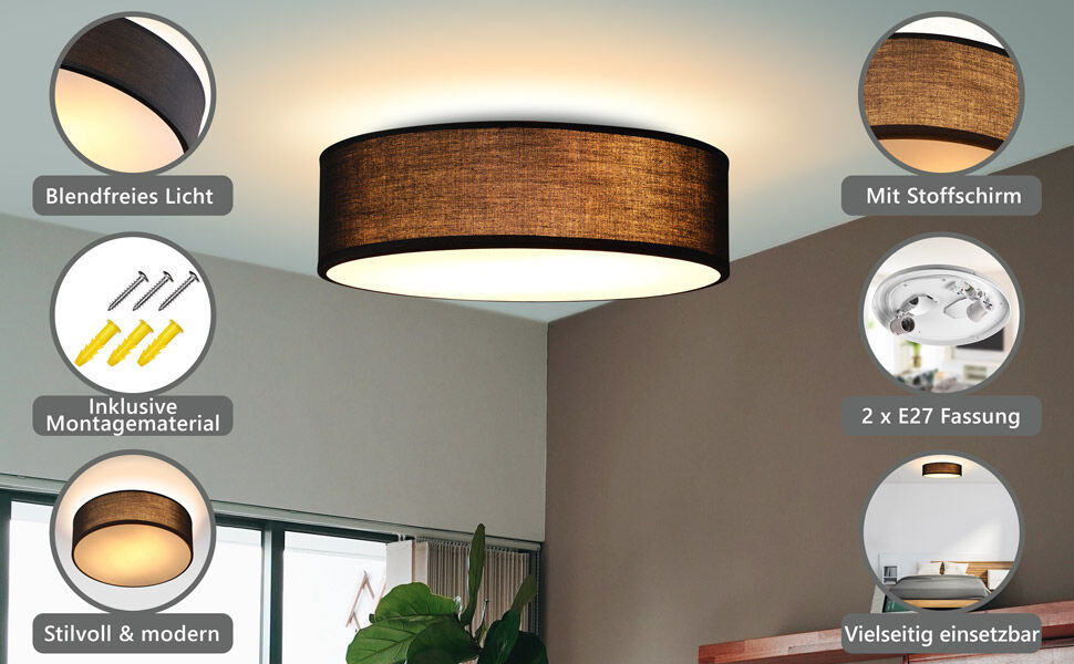 Deckenlampe Schwarz Stoff Ø38cm