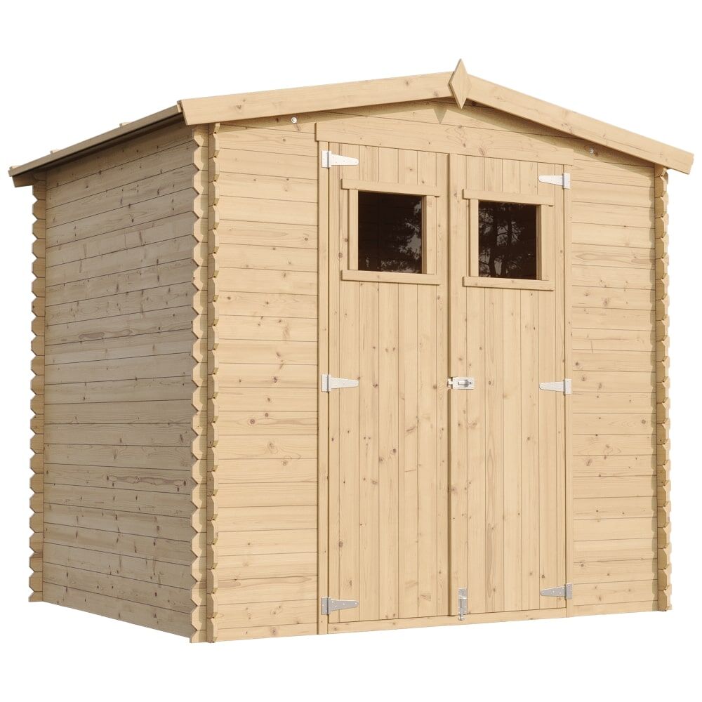 Gartenhaus Anton M369 frontale und seitliche Ansicht links