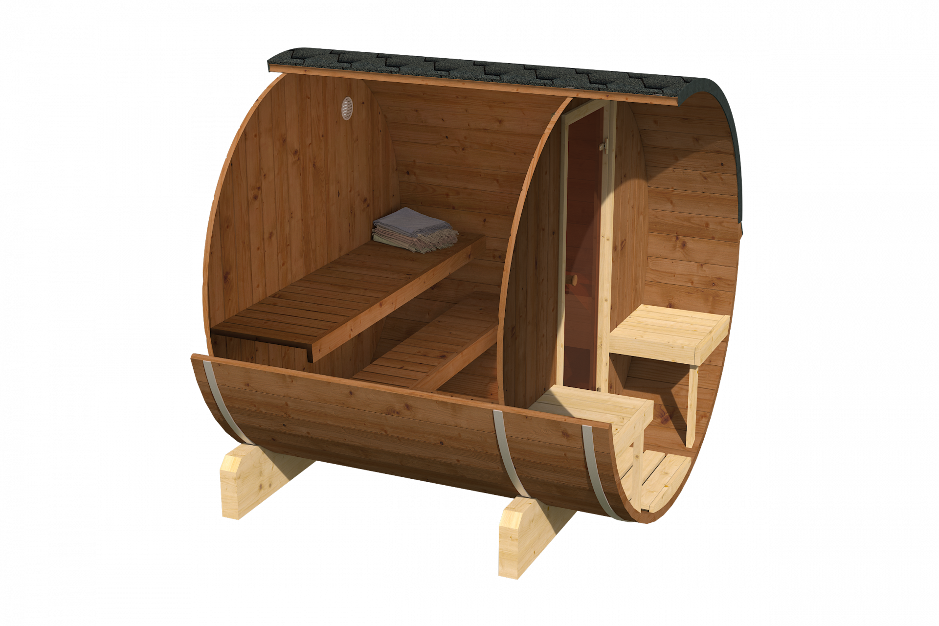 Finn Art Fass-Sauna Alvi Thermoholz, Innenansicht, Bänke quer