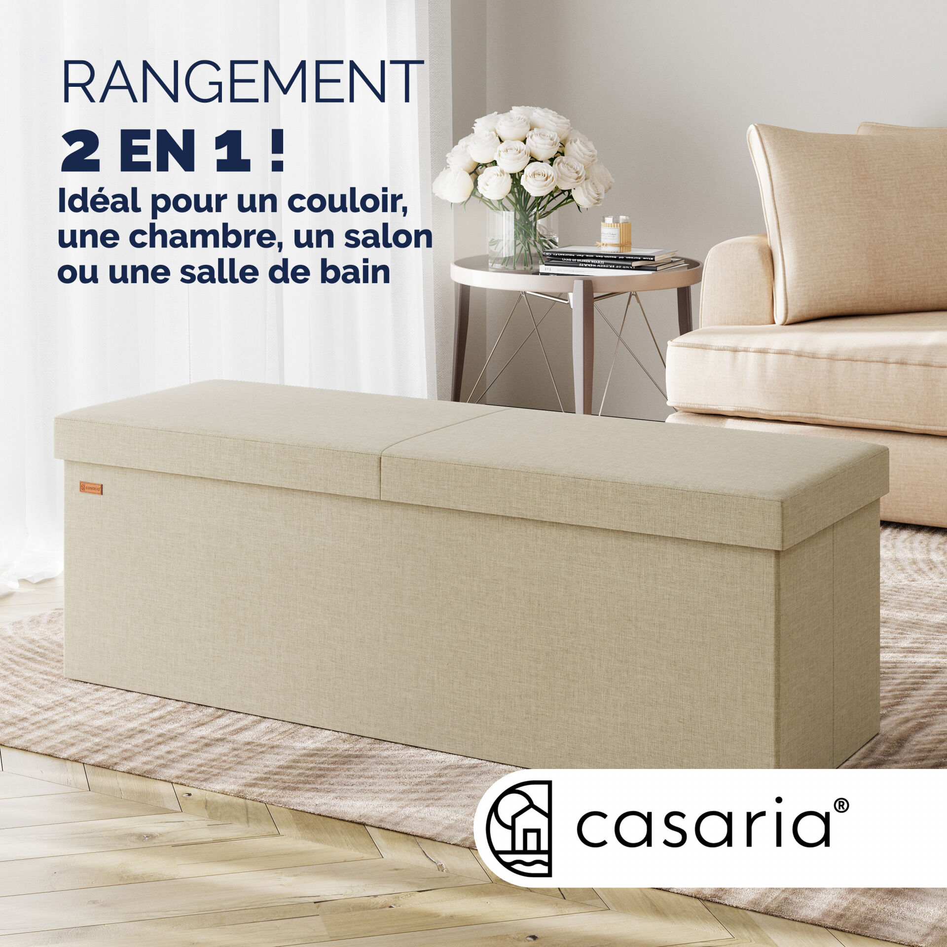 Sitzbank Beige 115x38x38cm mit Klappdeckel