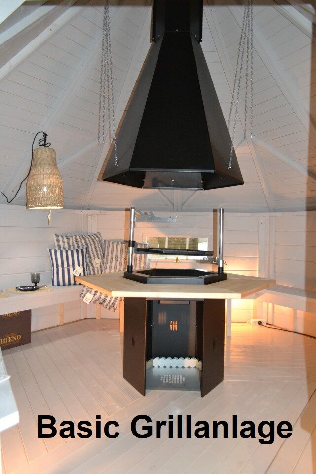 Basic Grillanlage, 6-eckig, mit höhenverstellbarer Roste, Tischen und Rauchabzug