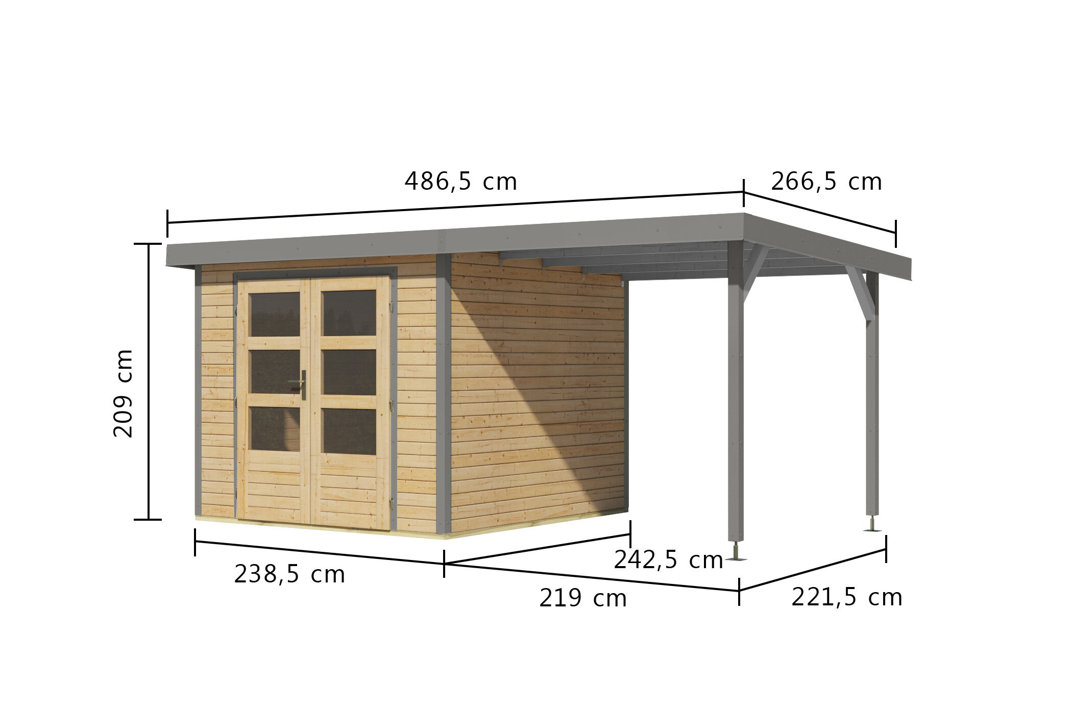 Karibu Pultdach Holz & Metall Gartenhaus Jupiter 3,5 Set mit Anbaudach 2,35 m, naturbelassen / graualuminium