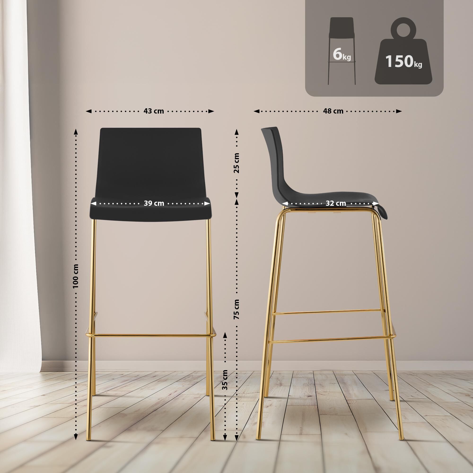 2er Set Barhocker Hoover Kunststoff 4-Fuß Gold, schwarz