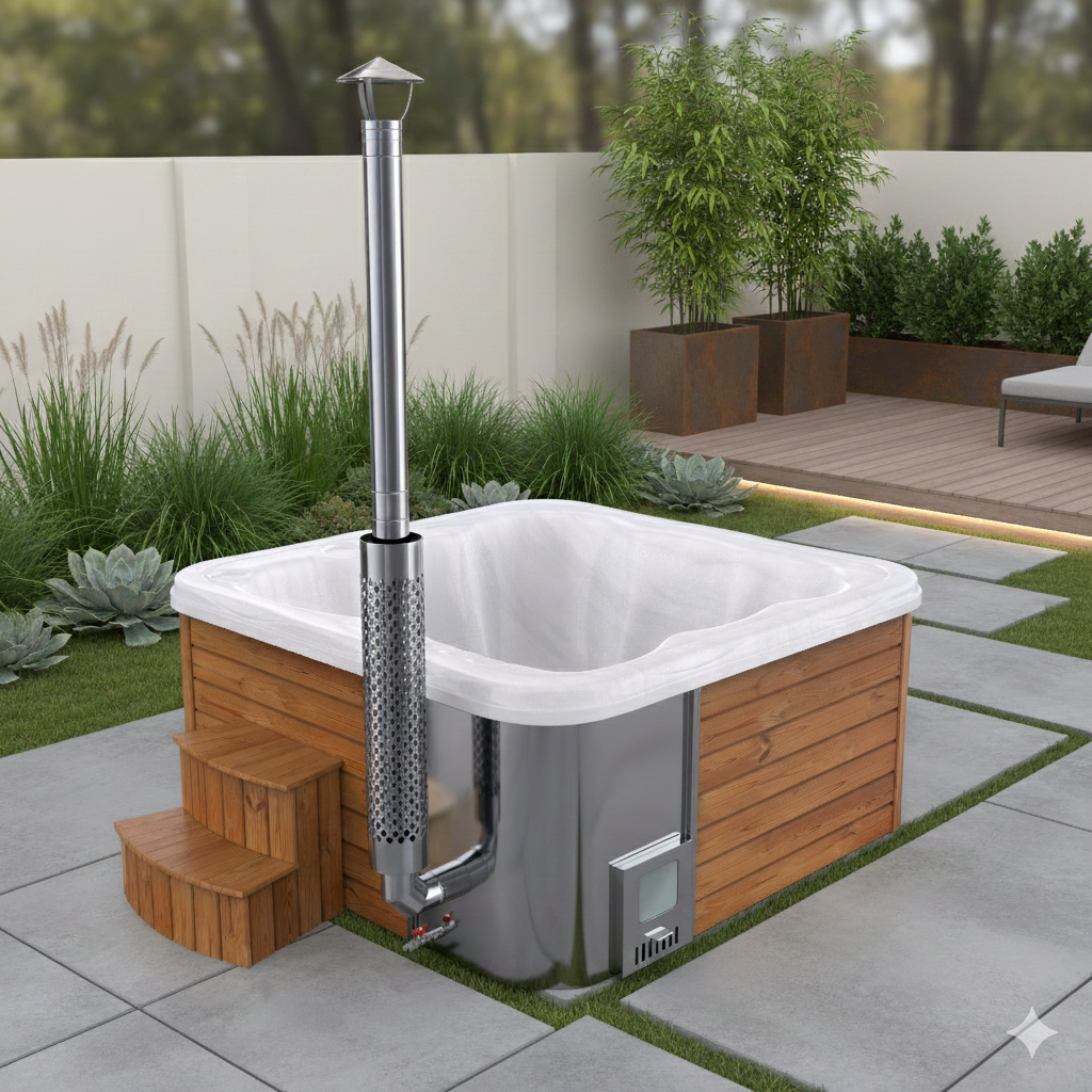 SPANOVA Hottub Whirlpool 220 Thermoholz – Premium Badefass mit integriertem Holz Ofen & Acryl-Einsatz