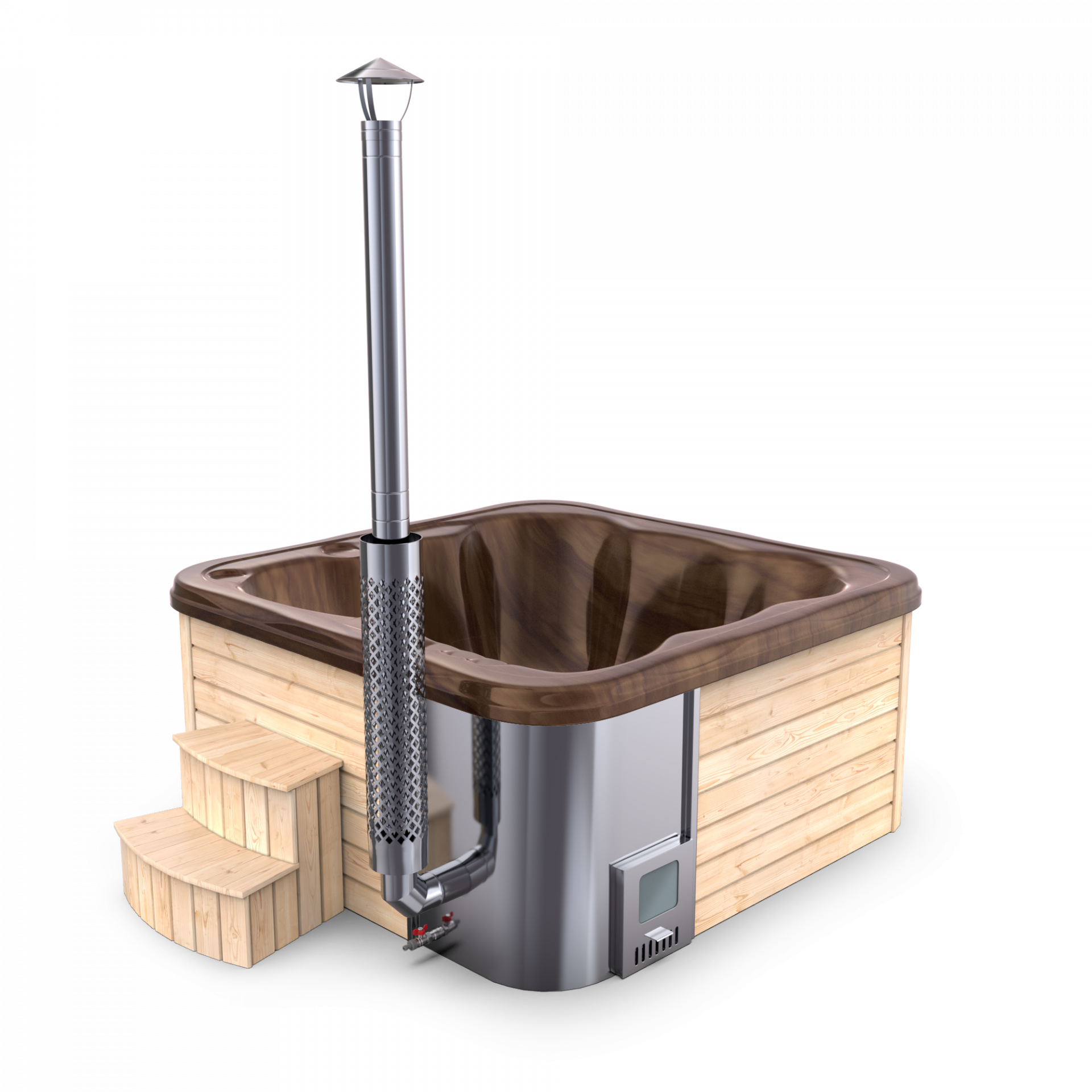 SPANOVA Hot Tub Premium 220 – Fichte Whirlpool mit integriertem Holzofen & Acrylwanne, Weiß marmoriert, Holzofen - 35kw V2A
