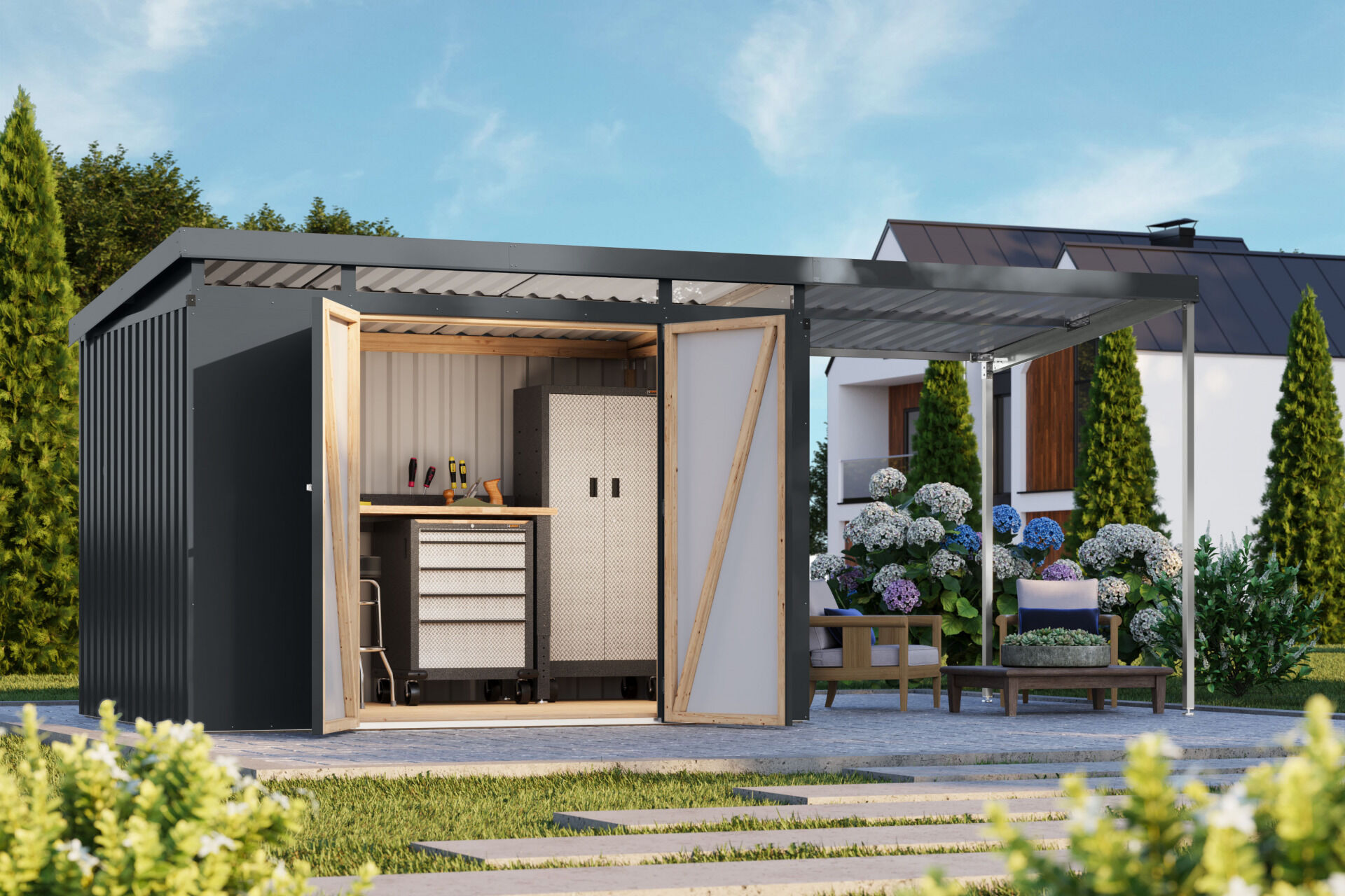 Karibu Pultdach Metall Gartenhaus Iridium 3 Set mit Anbaudach 2m, graualuminium