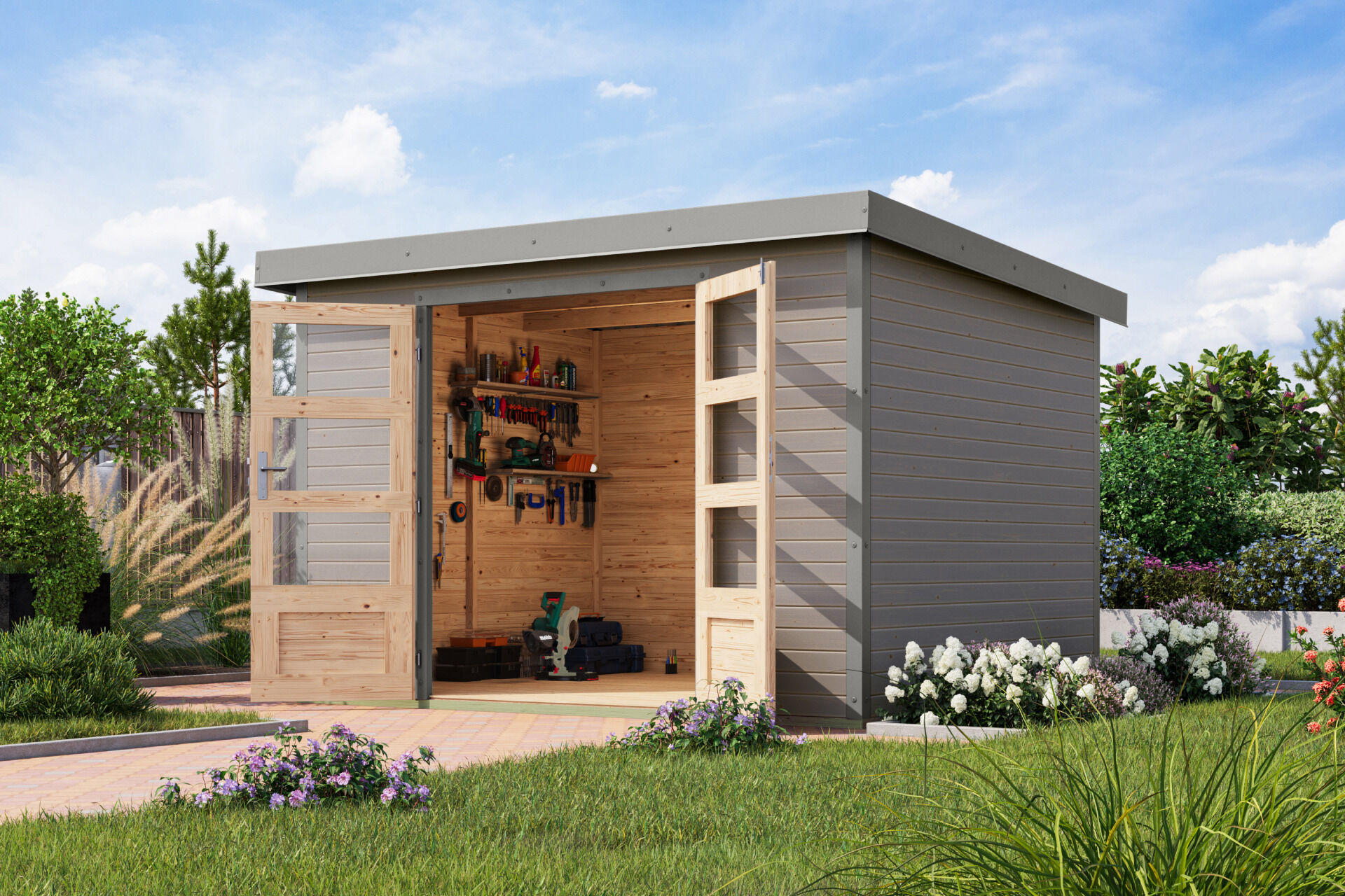 Karibu Pultdach Holz & Metall Gartenhaus Jupiter 5, naturbelassen / graualuminium