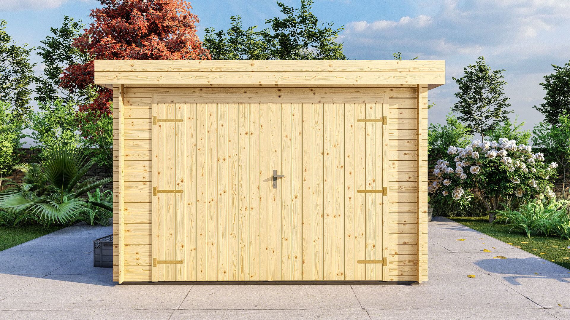 Flachdach Holzgarage Schweden 51 – 28 mm Blockbohlen Garage mit Seitentür & Doppeltor