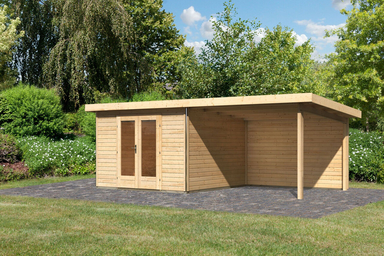 Karibu Pultdach Gartenhaus Radeburg 1 SET naturbelassen mit Anbaudach 3,30 m, Rückwand natur