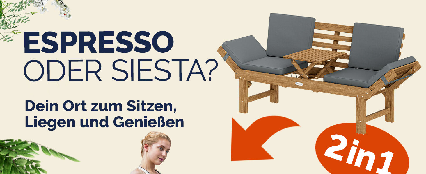 Gartenbank 2in1 wandelbar mit Tisch Kissen aus Akazienholz