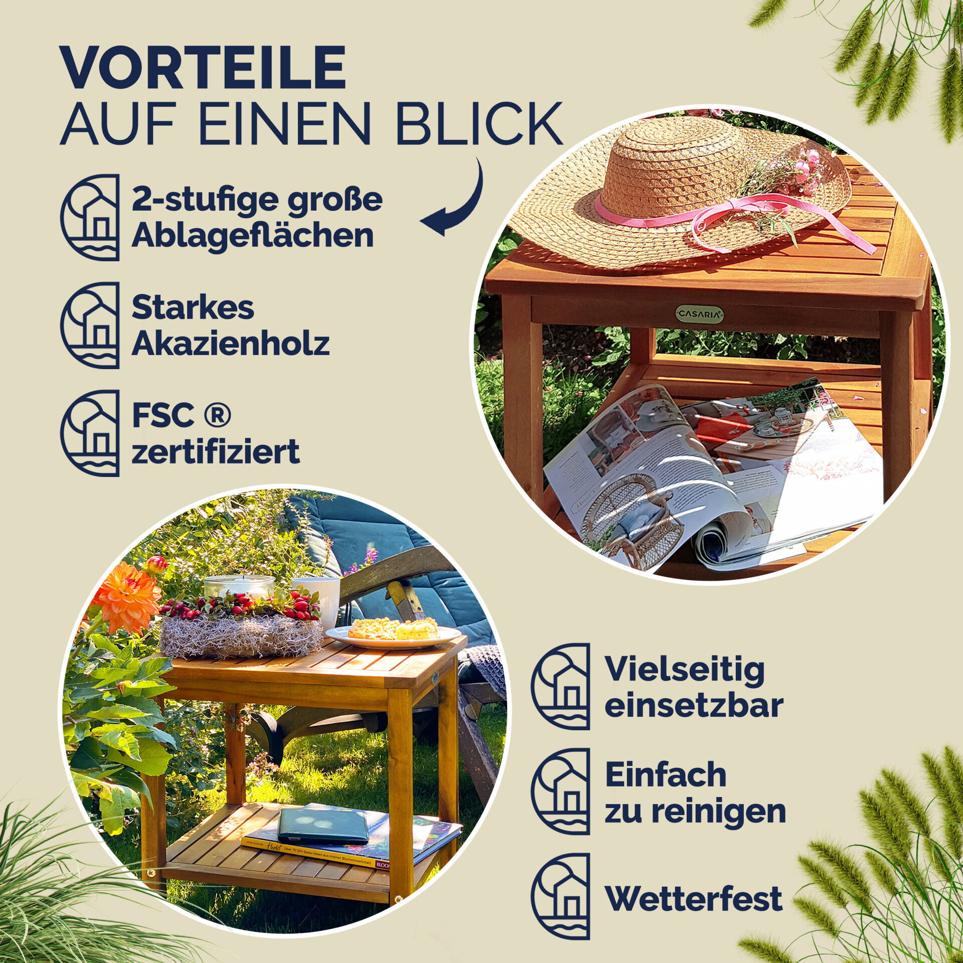 Gartentisch Beistelltisch Akazienholz 45x45x45cm robust bis 80kg 2 Ablagen