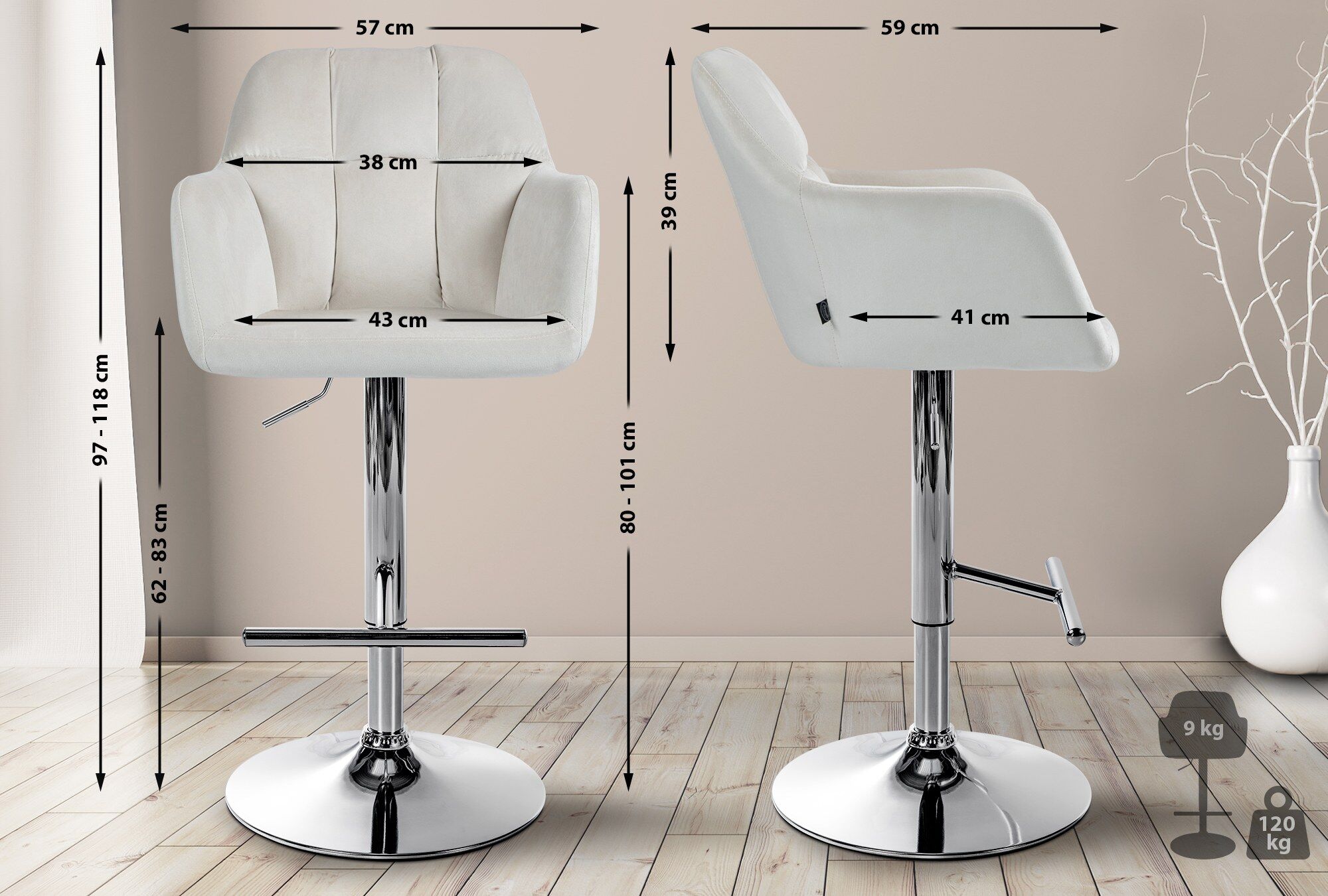 Barhocker Natoma Samt chrom, creme