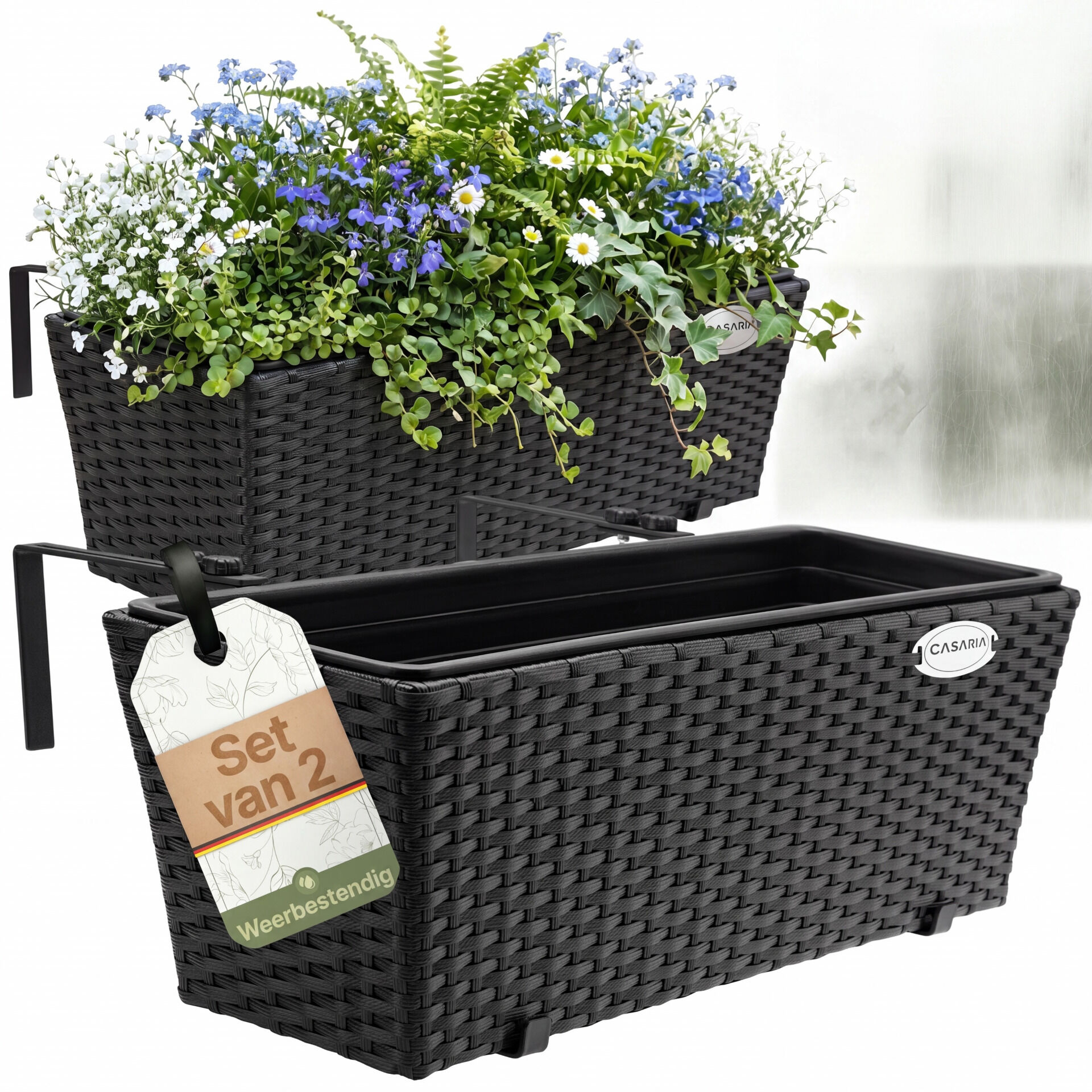 Polyrattan Blumenkasten 2er-Set Schwarz