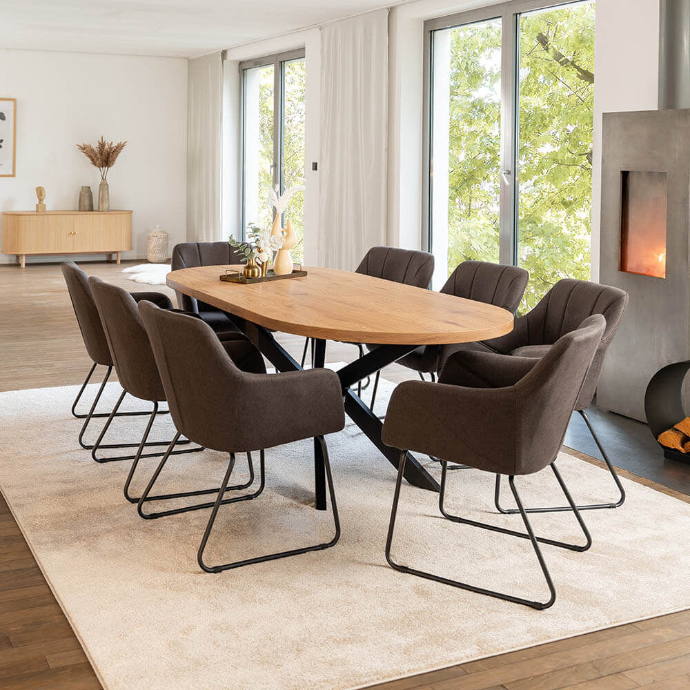 Essgruppe Oval Ausziehbar inkl. Sternfuß - 160 x 100 cm Light Oak 8 Stühle Anthrazit