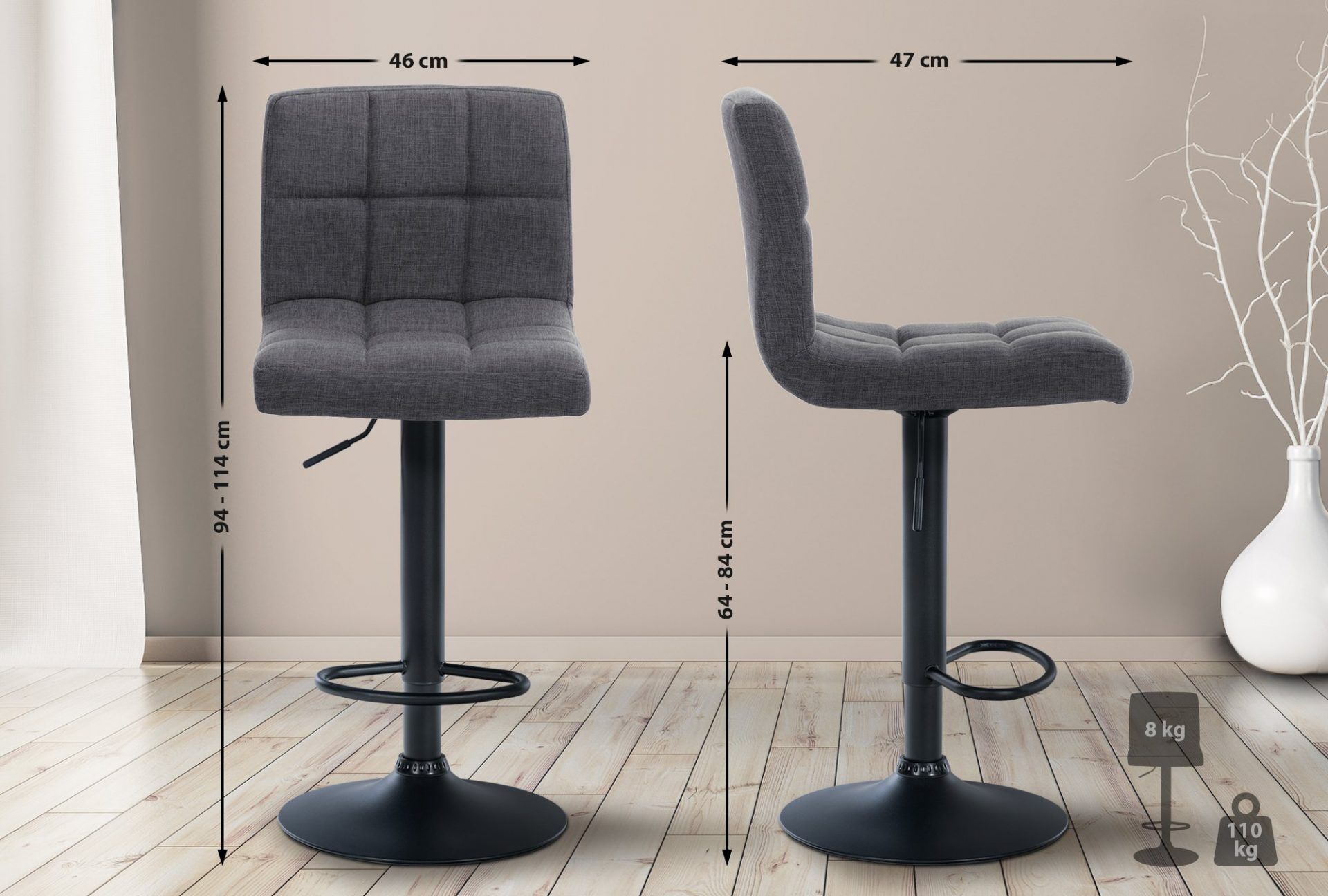 2er Set Barhocker Calma Stoff schwarz, hellgrau