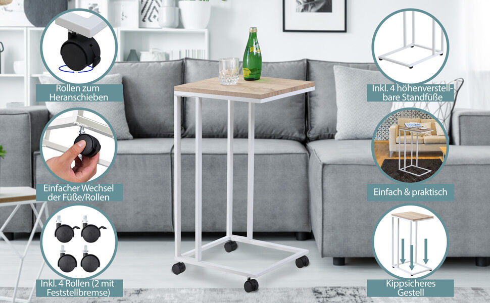 Beistelltisch Weiß 50x35x65/70cm mit Rollen
