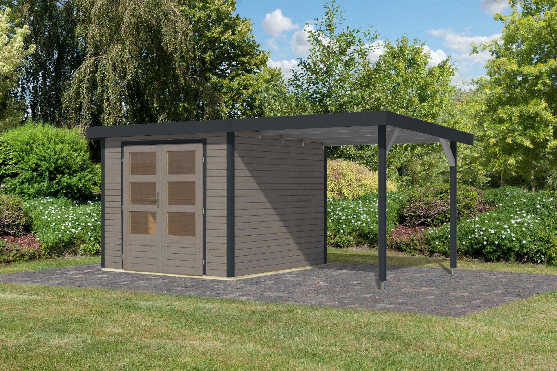 Karibu Pultdach Holz & Metall Gartenhaus Jupiter 3,5 Set mit Anbaudach 2,35 m, naturbelassen / graualuminium