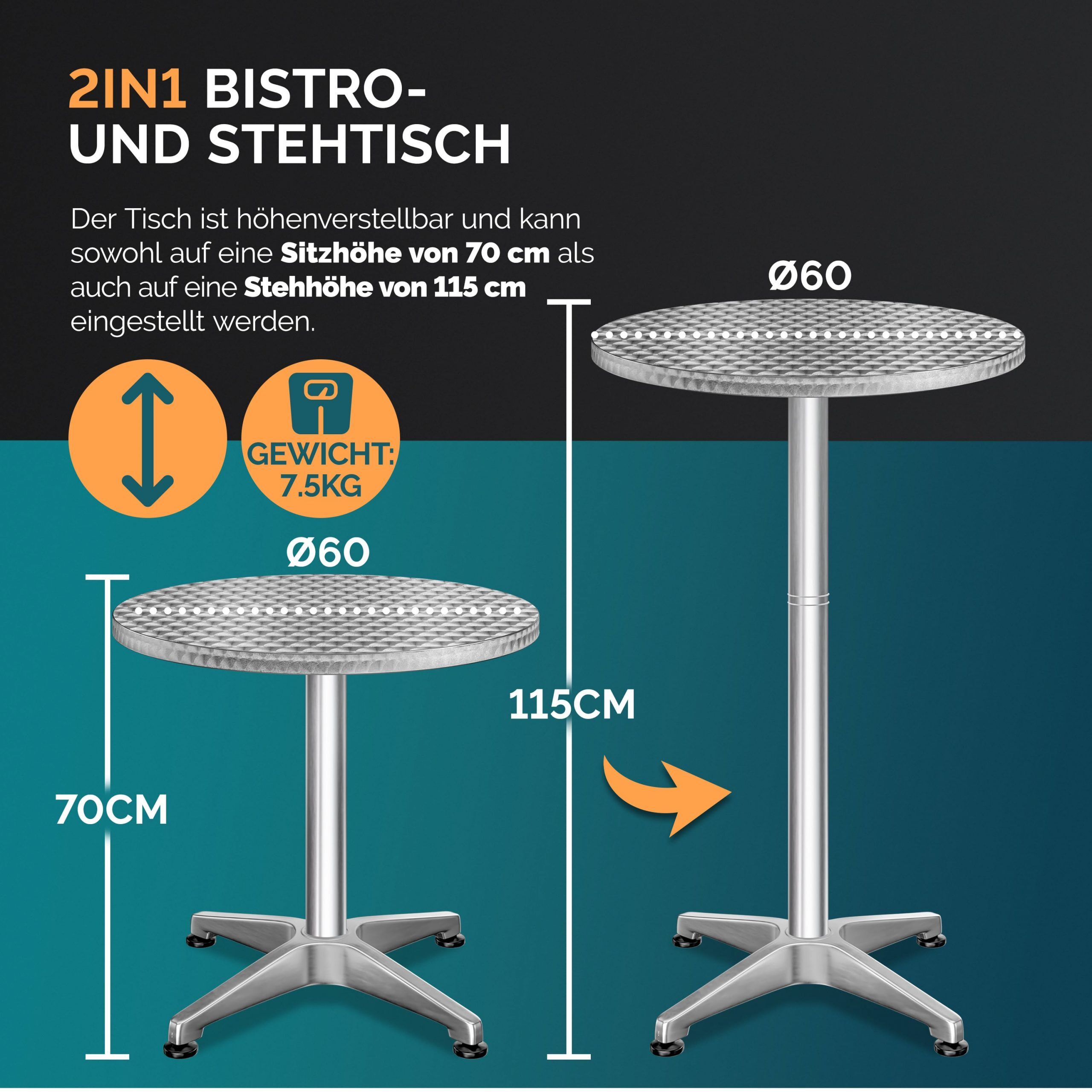 Stehtisch 2er-Set Silber Alu Ø60cm höhenverstellbar