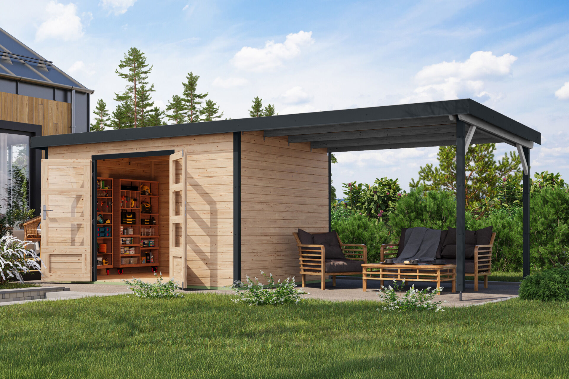 Karibu Pultdach Holz & Metall Gartenhaus Pluto 7 Set mit Anbaudach 3,07 m, naturbelassen / graualuminium