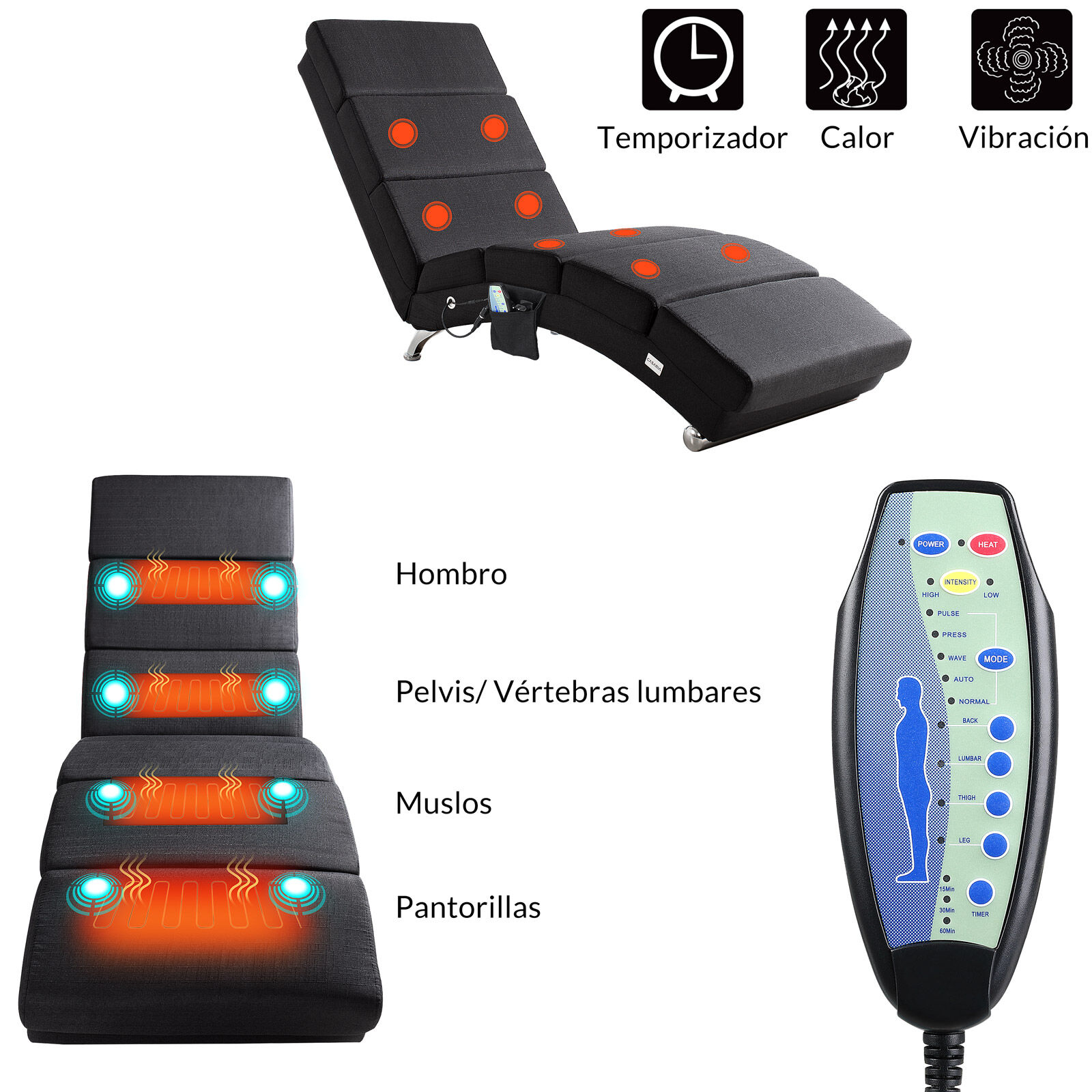 Relaxliege London Anthrazit mit Massage- + Heizfunktion