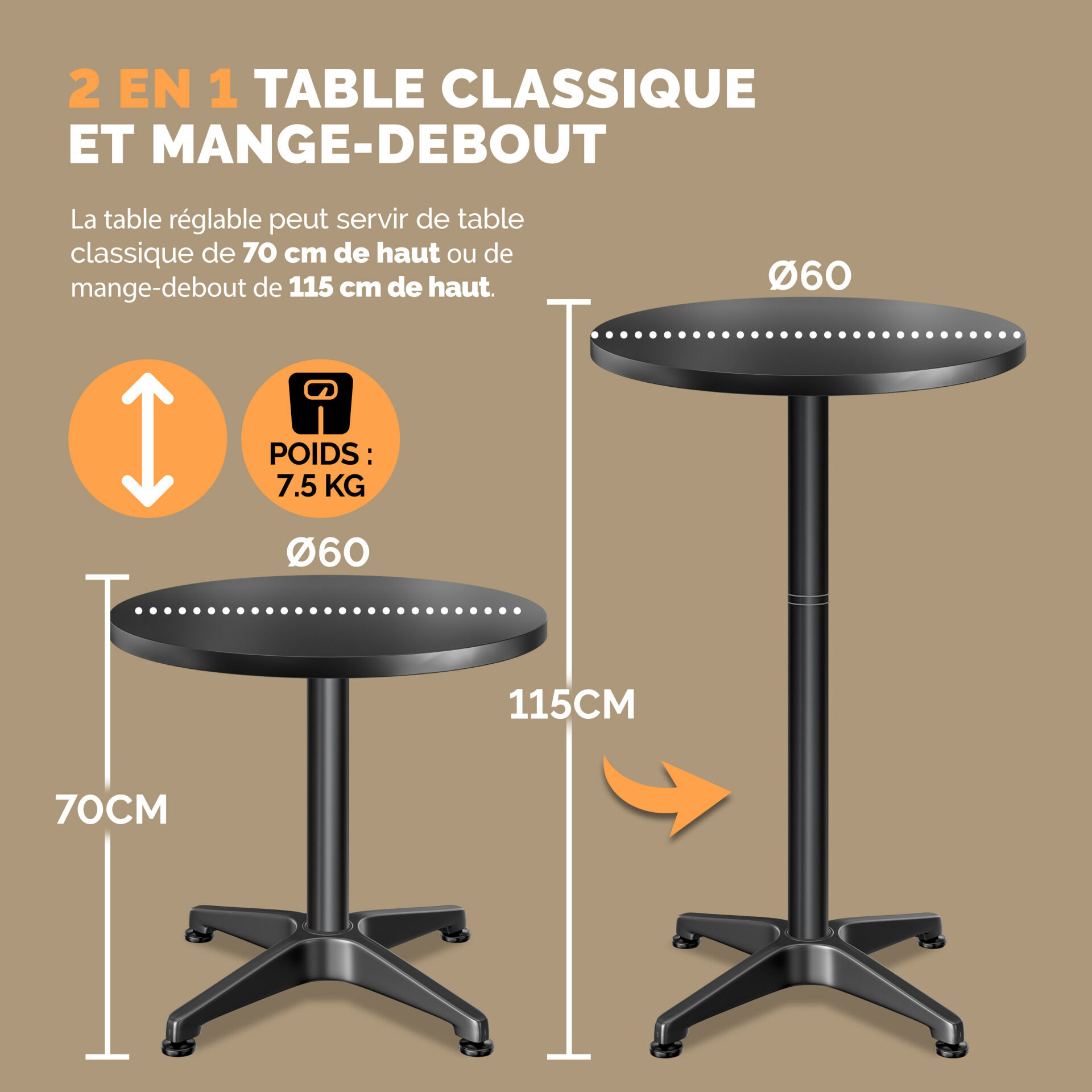 Stehtisch 2er-Set Ø60cm höhenverstellbar 70/115cm Alu Schwarz